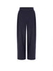 Navy blue cropped trousers with thin white pinstripes, laid flat on a white background