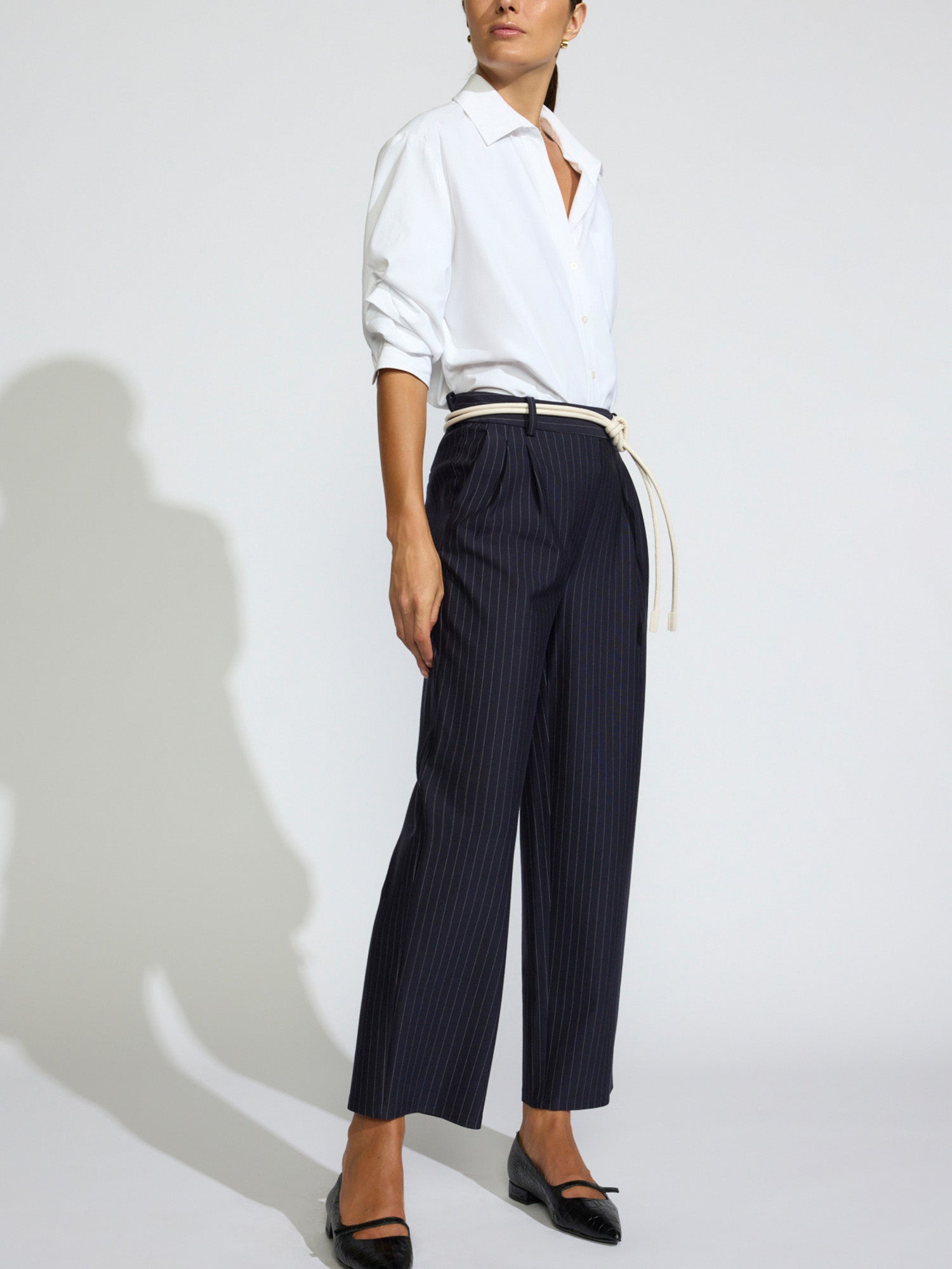 Women's Declan cropped trousers in navy pinstripe with tie belt