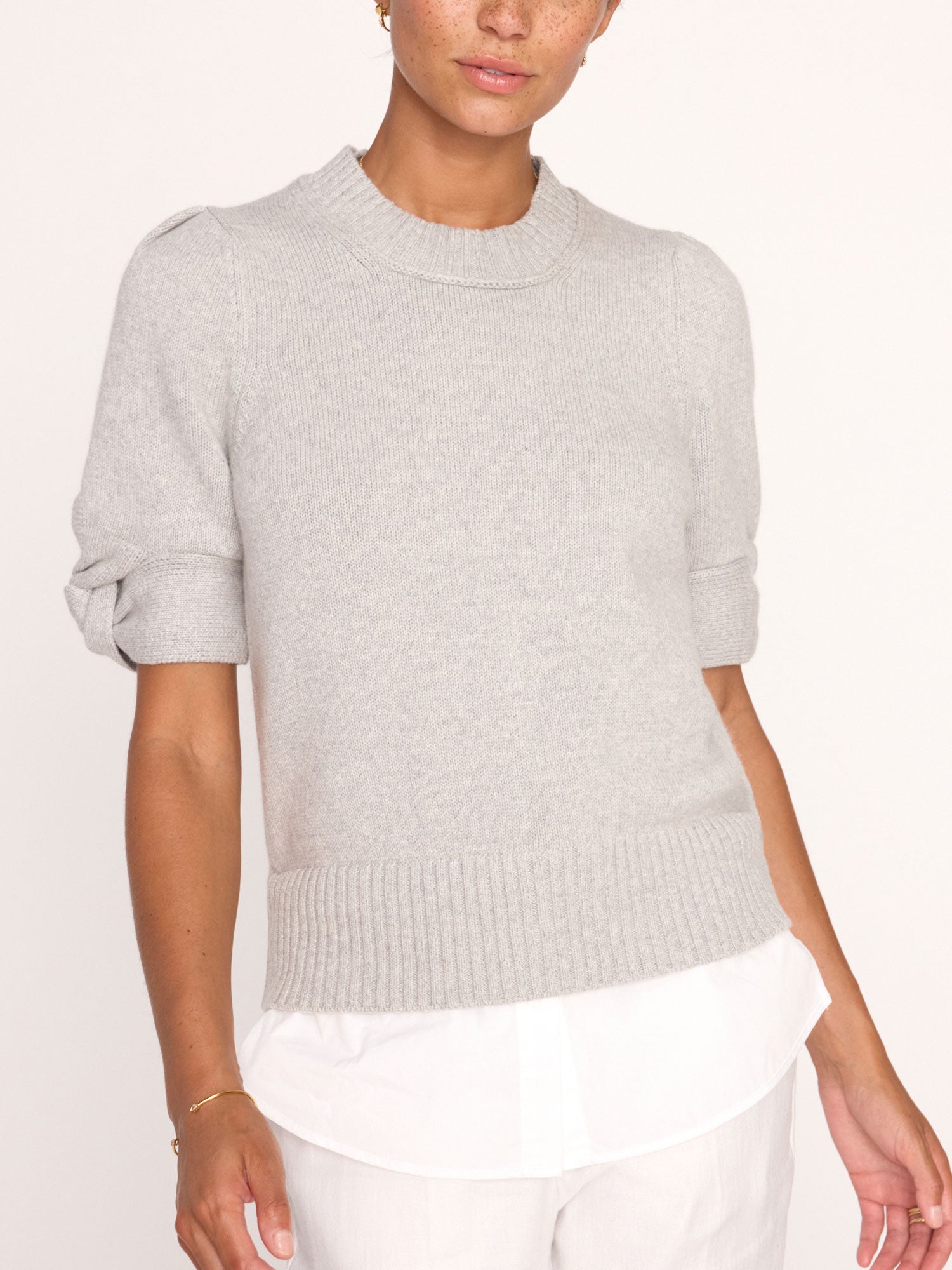 Emme layered knot sleeve crewneck grey sweater front view 2