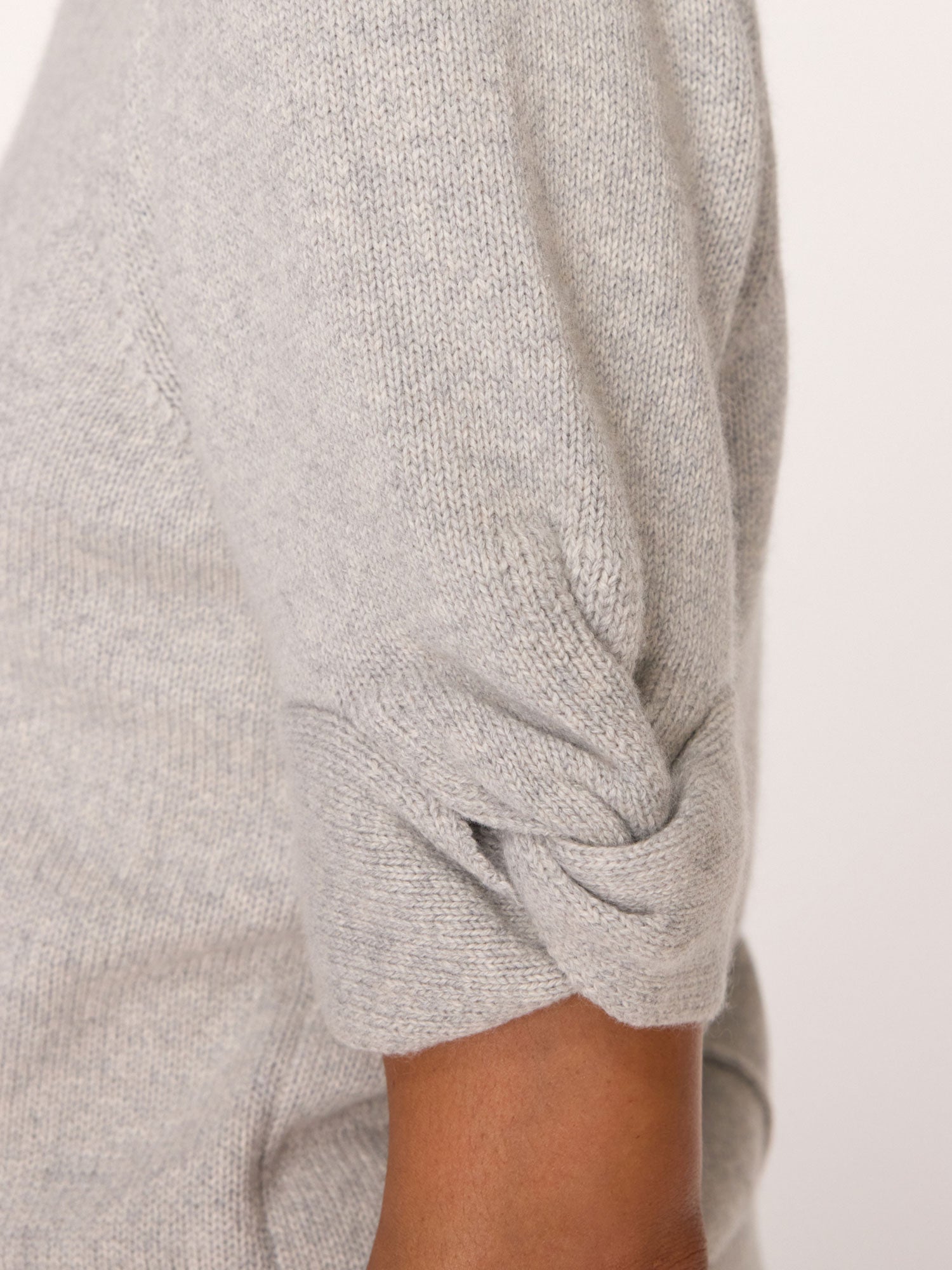 Emme layered knot sleeve crewneck grey sweater close up 2
