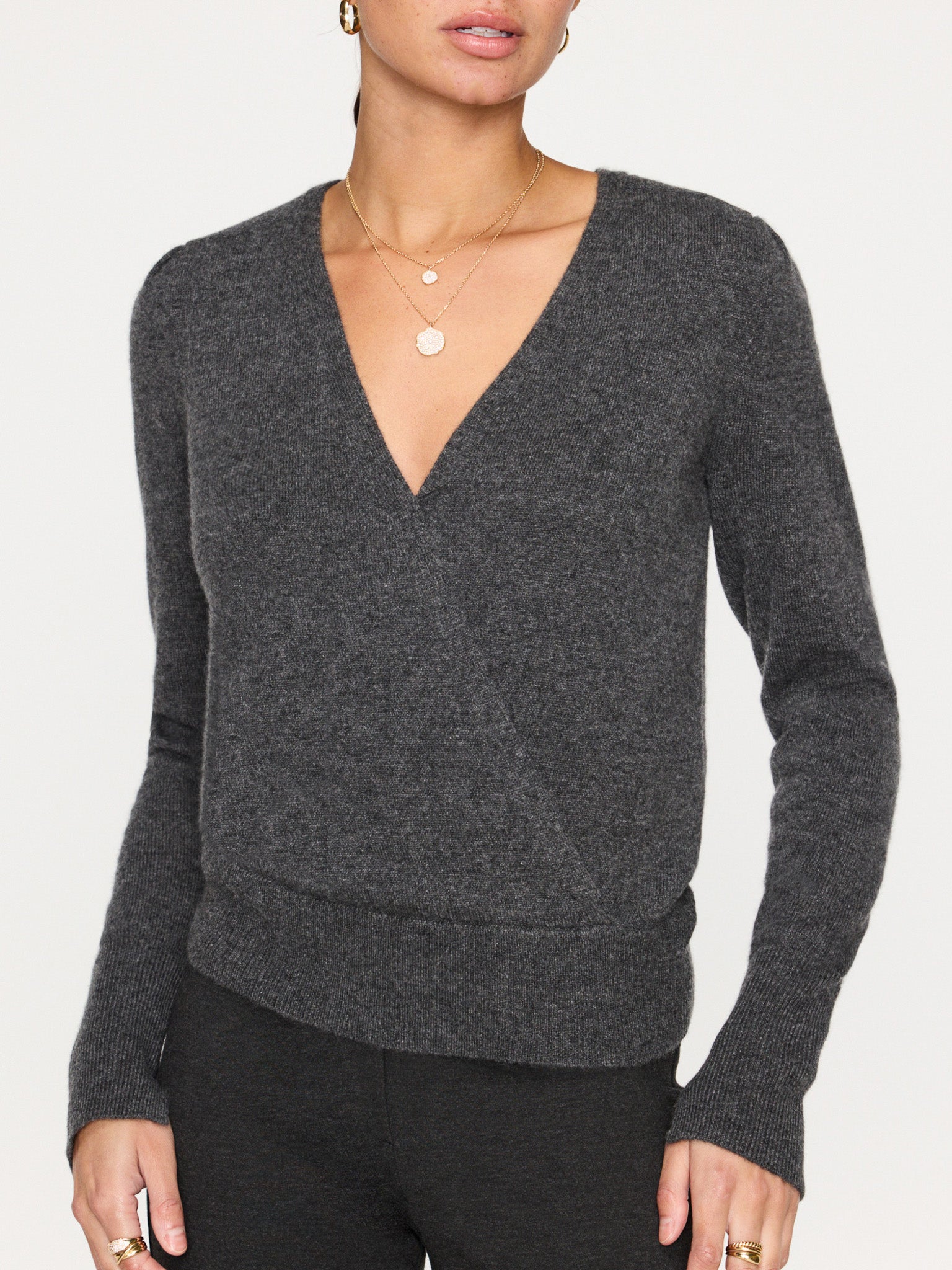 Finn cashmere v-neck gray wrap sweater front view