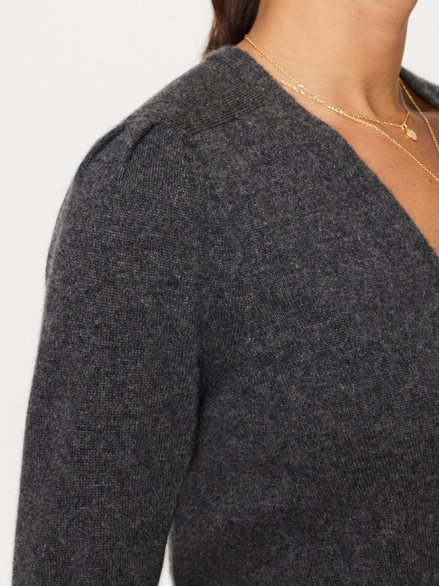 Finn cashmere v-neck gray wrap sweater close up