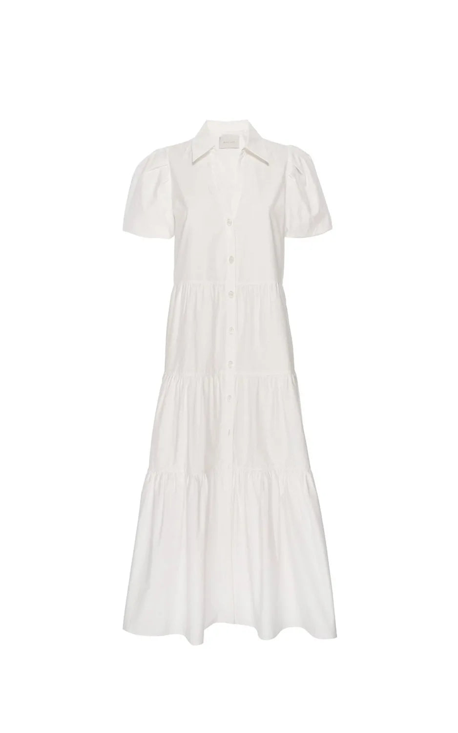 Flat lay of a classy white tiered midi shirtdress with puff sleeves and three-tiered skirt on a white background.