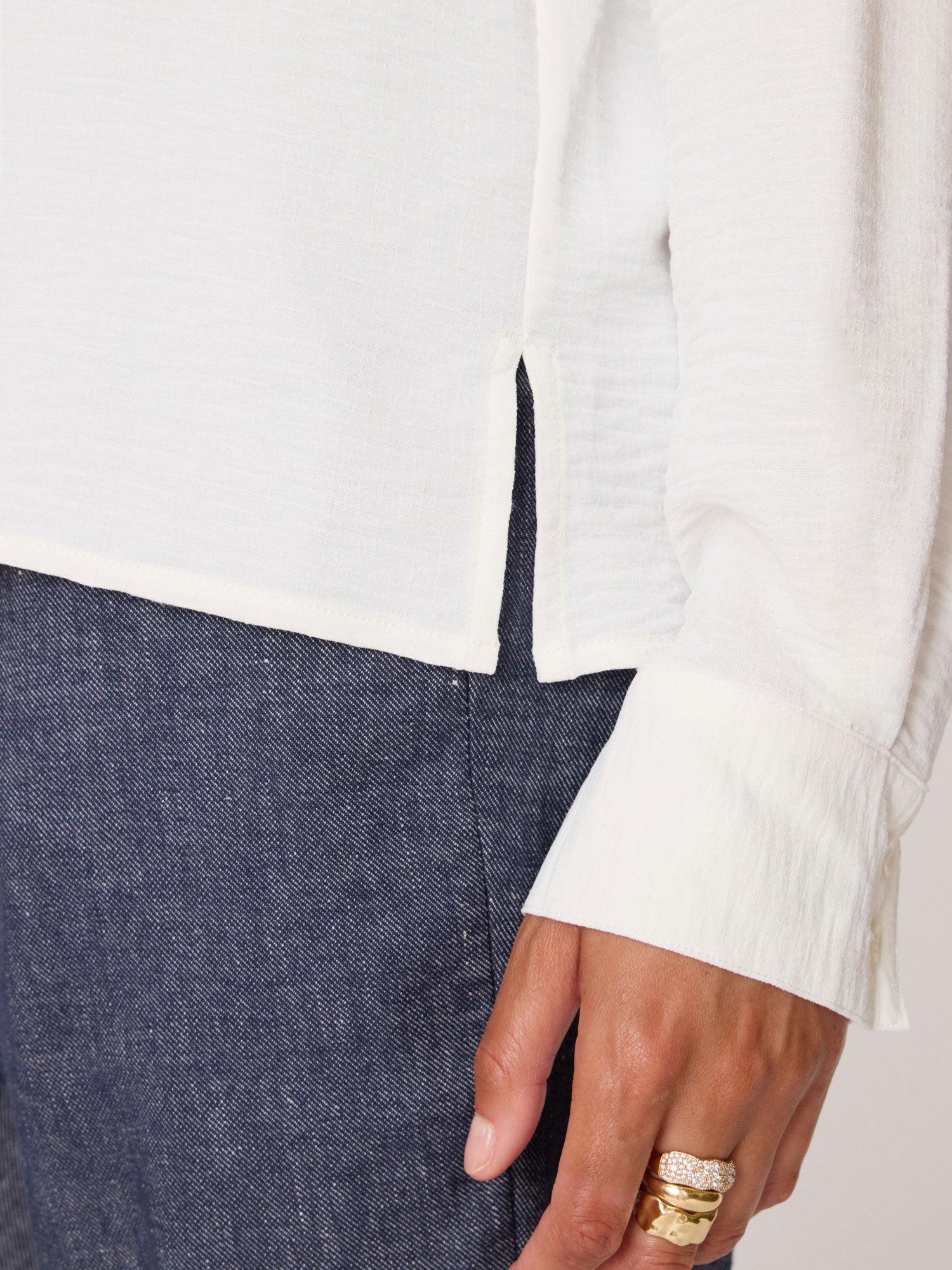Galey button-down long sleeve white blouse close up