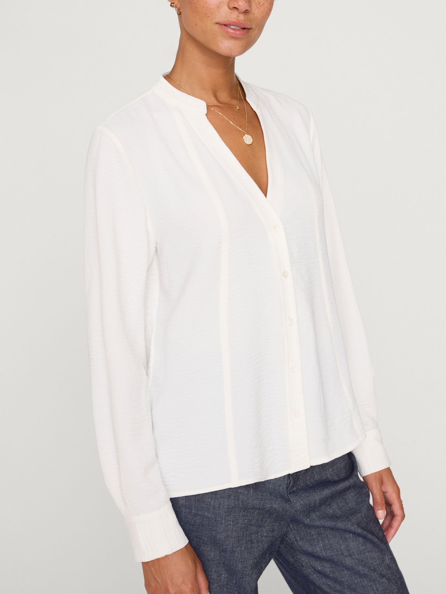 Galey button-down long sleeve white blouse front view