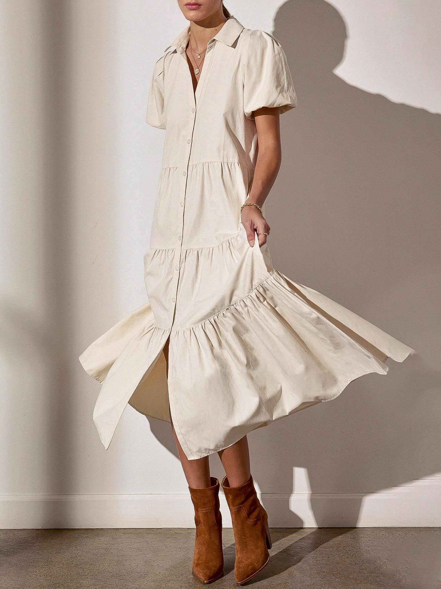 Havana tiered midi beige dress front view 3