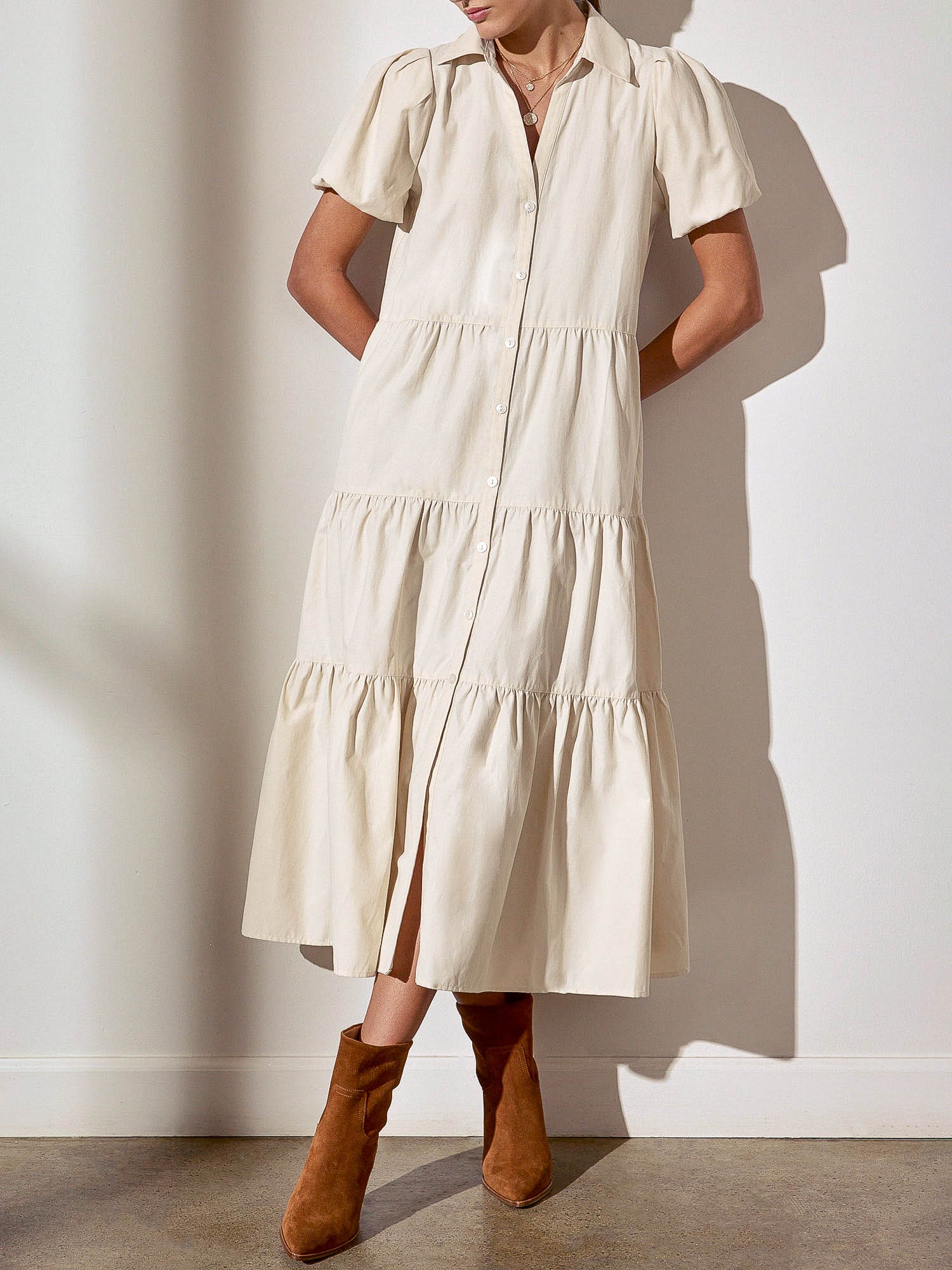 Havana tiered midi beige dress front view 4