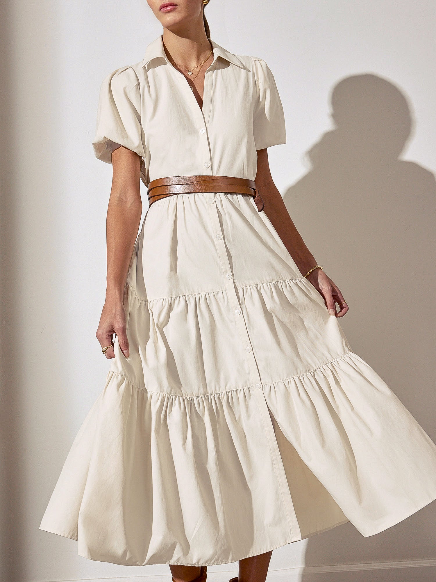 Havana tiered midi beige dress front view 1