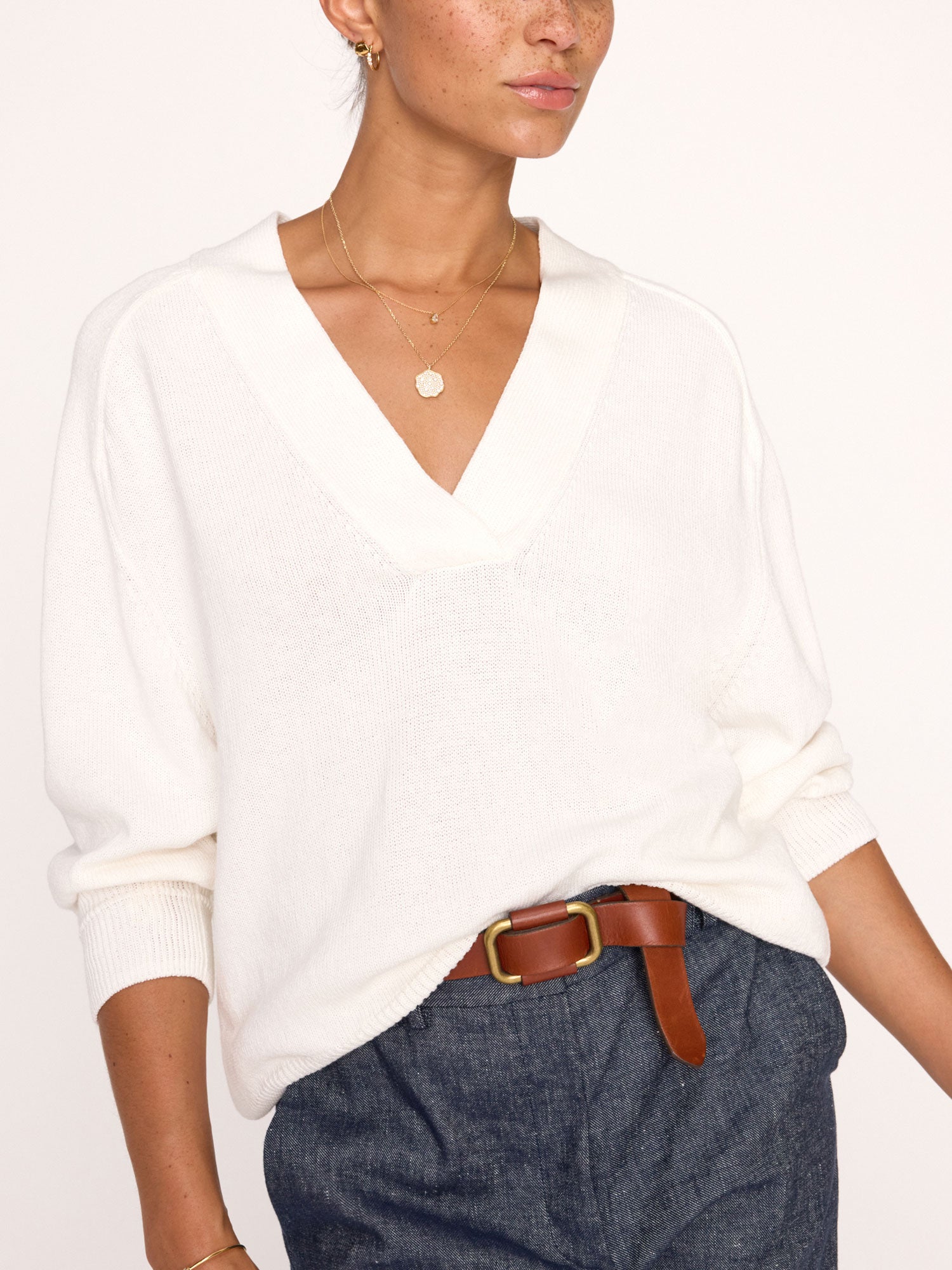 Imogen V-neck cotton white sweater front view