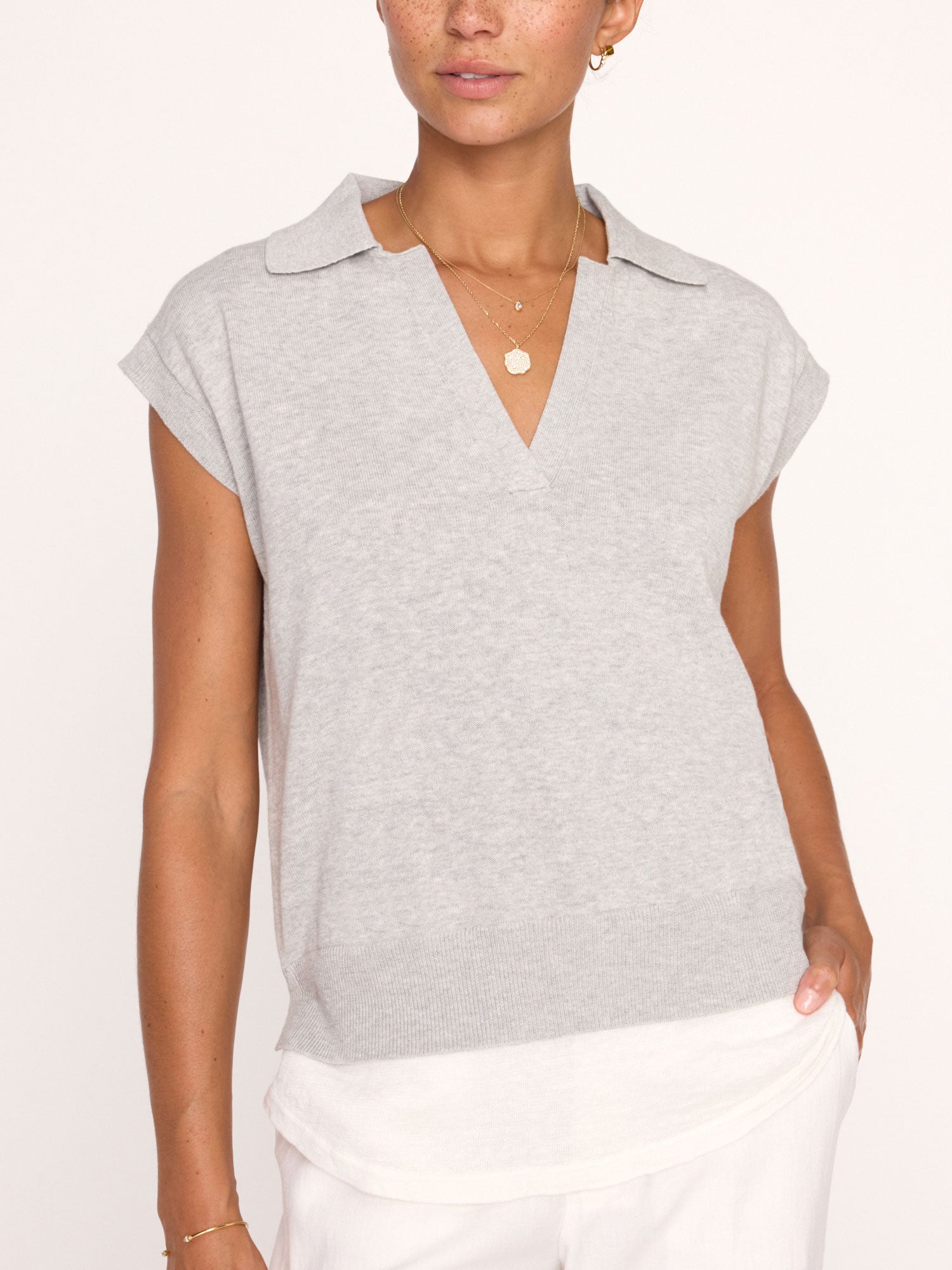 Jaia layered polo short sleeve grey sweater front view 2