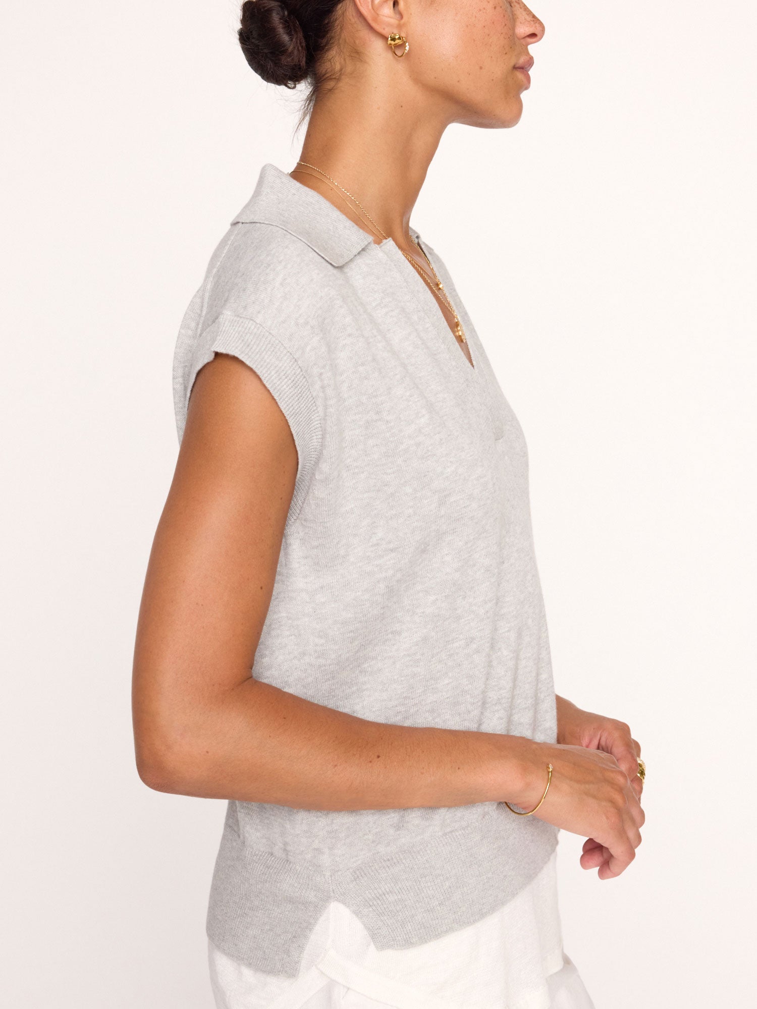 Jaia layered polo short sleeve grey sweater side view