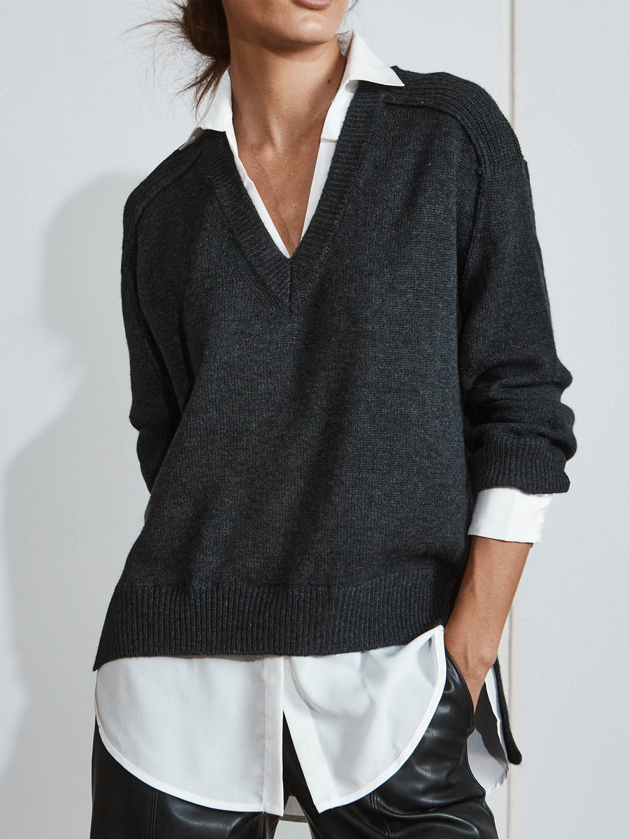 Looker dark grey layered v-neck sweater side view