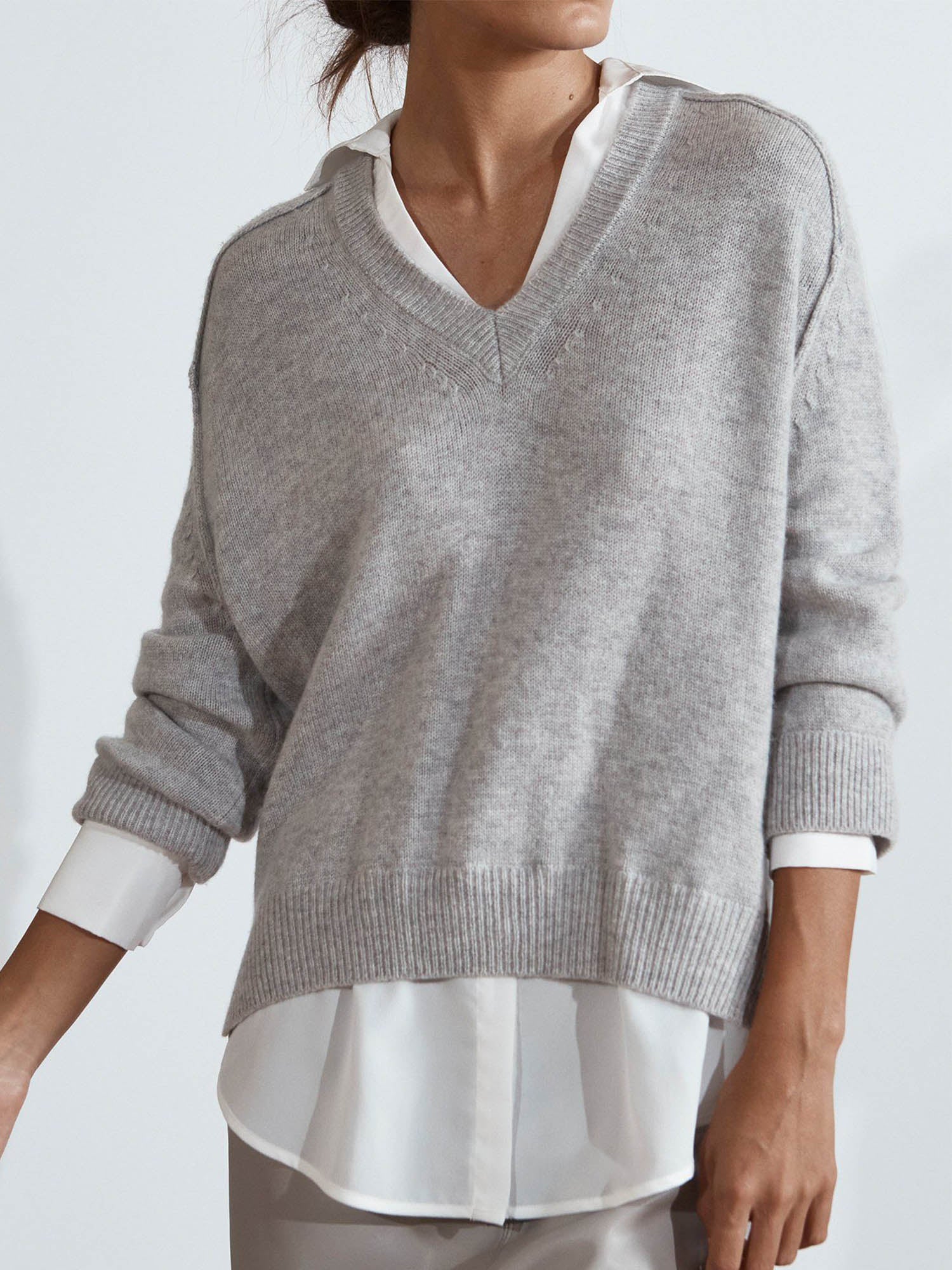 Looker ligth light grey layered v-neck sweater front view