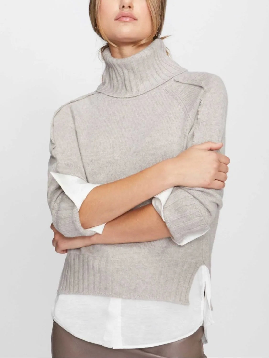 Jolie light grey layered turtleneck sweater front view 2