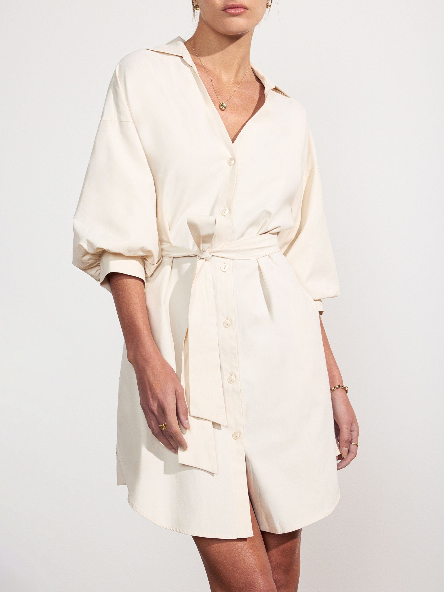 Kate belted button up mini shirtdress beige front view 2
