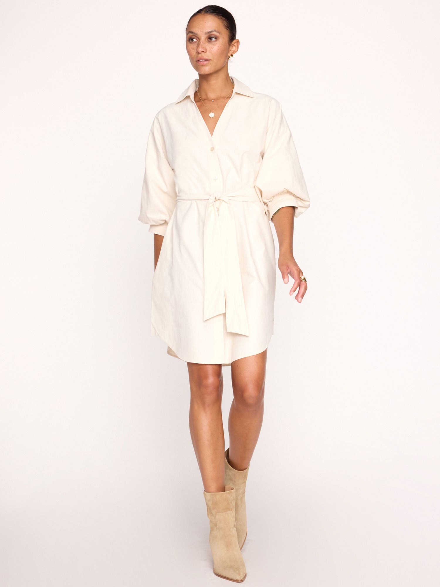 Kate belted button up mini shirtdress beige full view 2