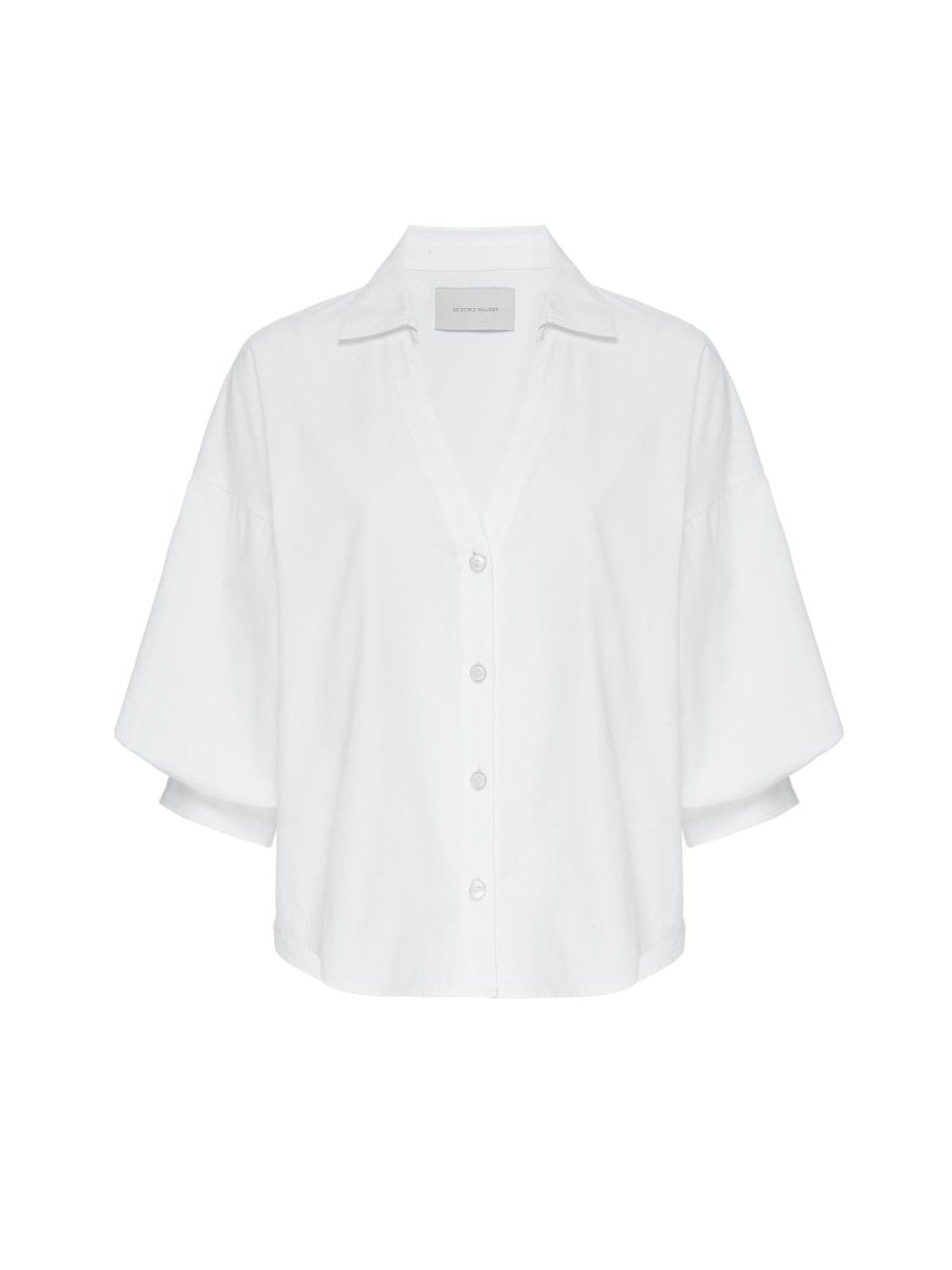 Kate V-neck button up white shirt flat view