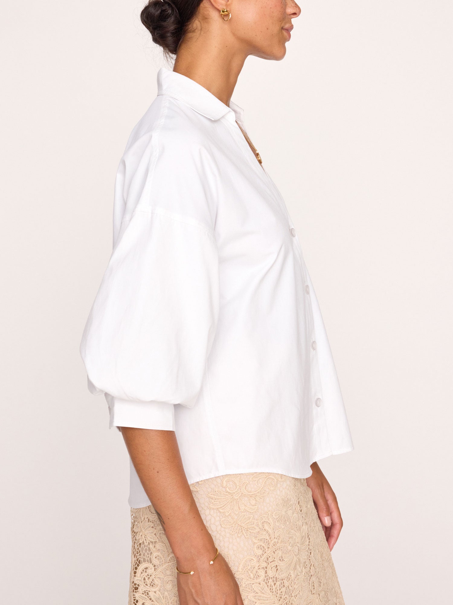 Kate V-neck button up white shirt side view