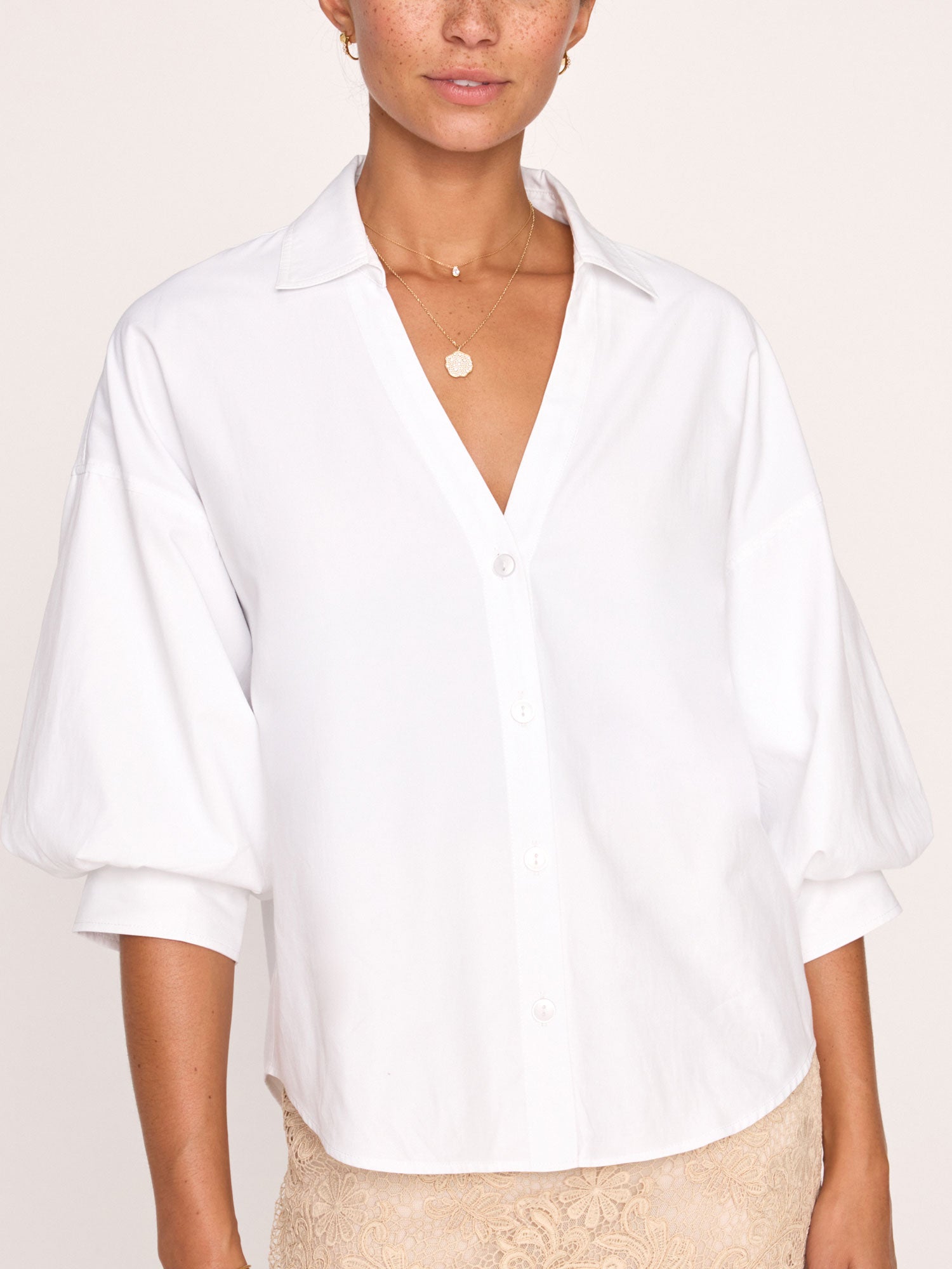 Kate V-neck button up white shirt front view 2