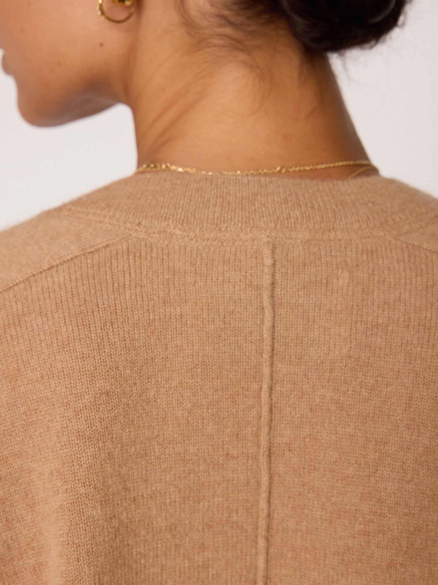 Leia V-neck tan sweater close up