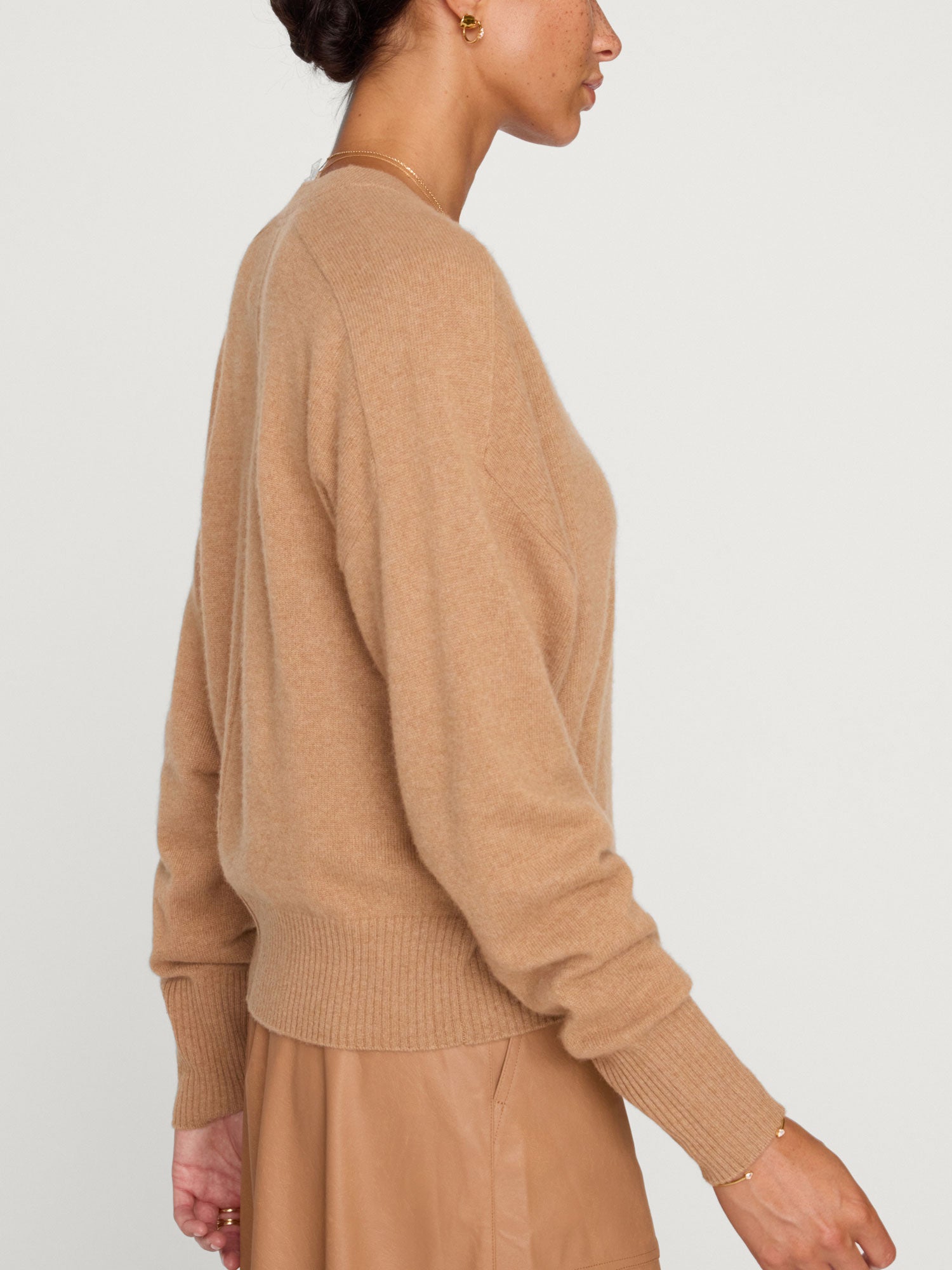 Leia V-neck tan sweater side view