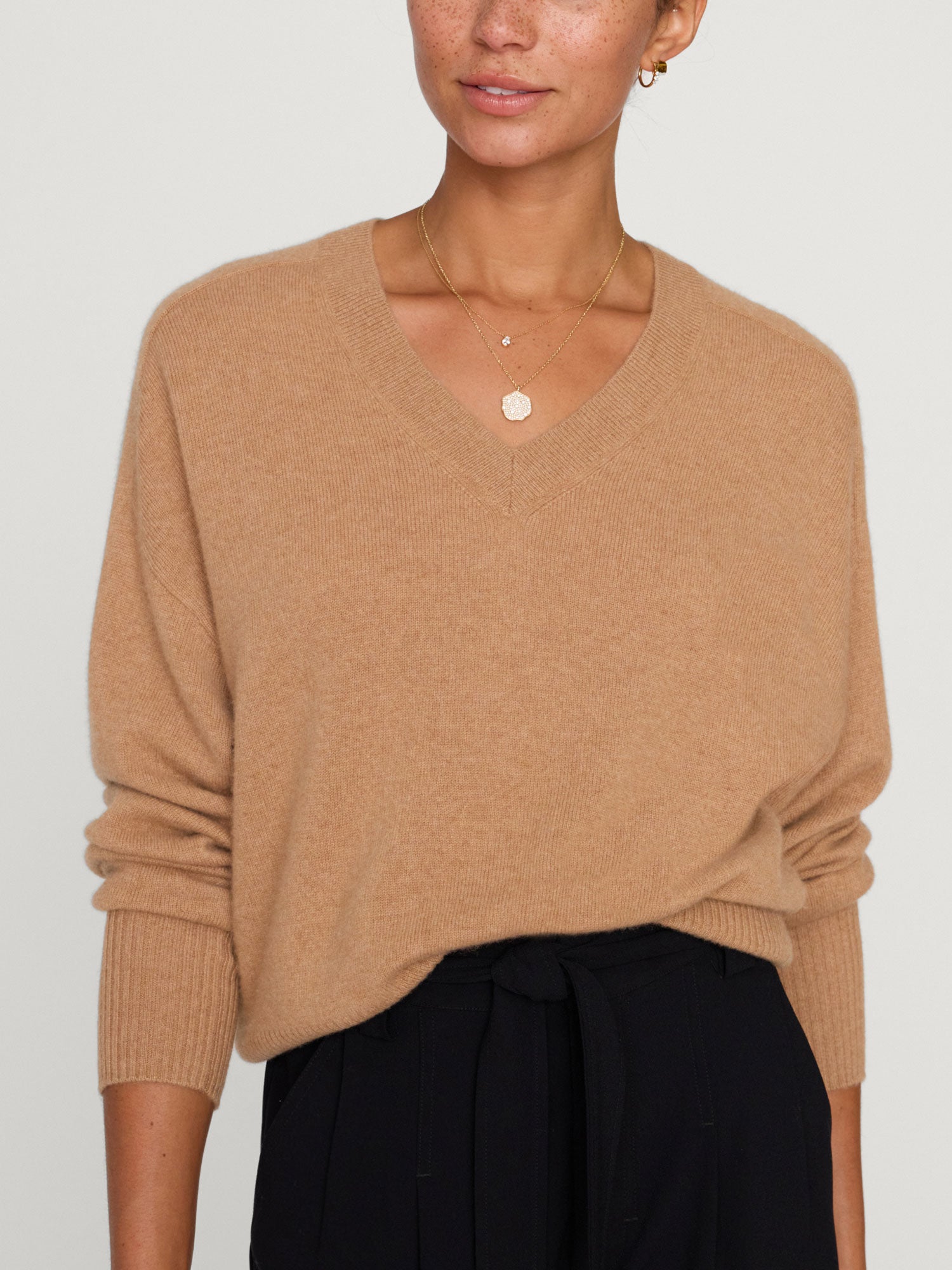 Leia V-neck tan sweater front view 2