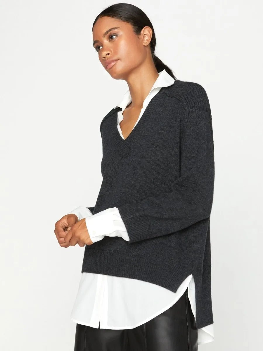 Looker dark grey layered v-neck sweater side view 2