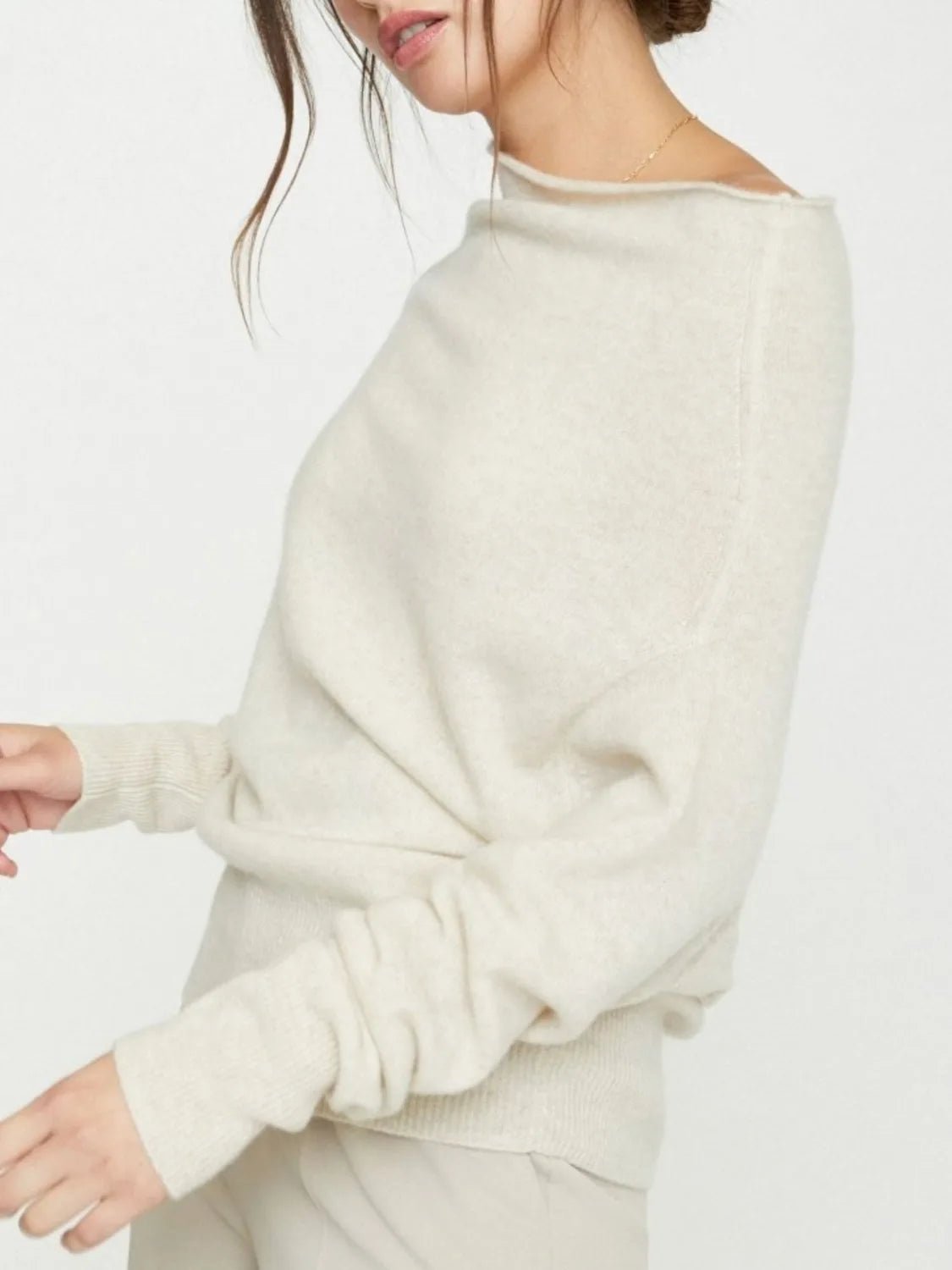 Lori cashmere ivory off shoulder sweater side view