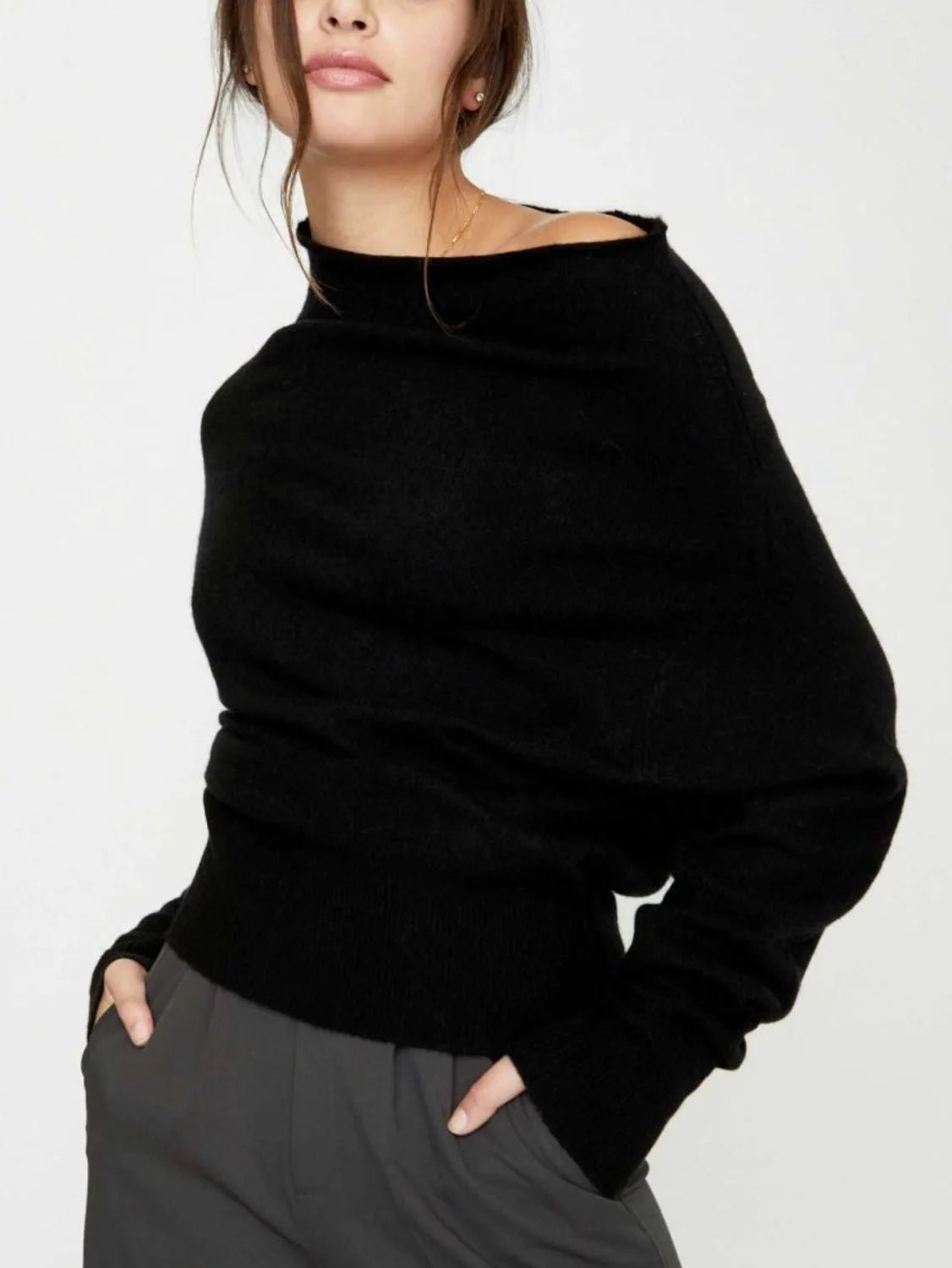 Lori cashmere off shoulder black sweater front view 2