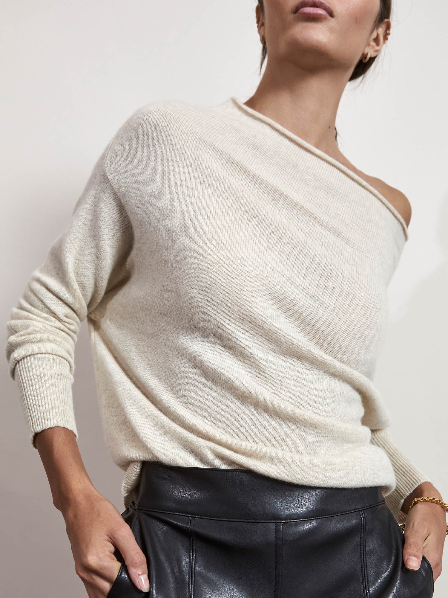 Lori cashmere ivory off shoulder sweater front view
