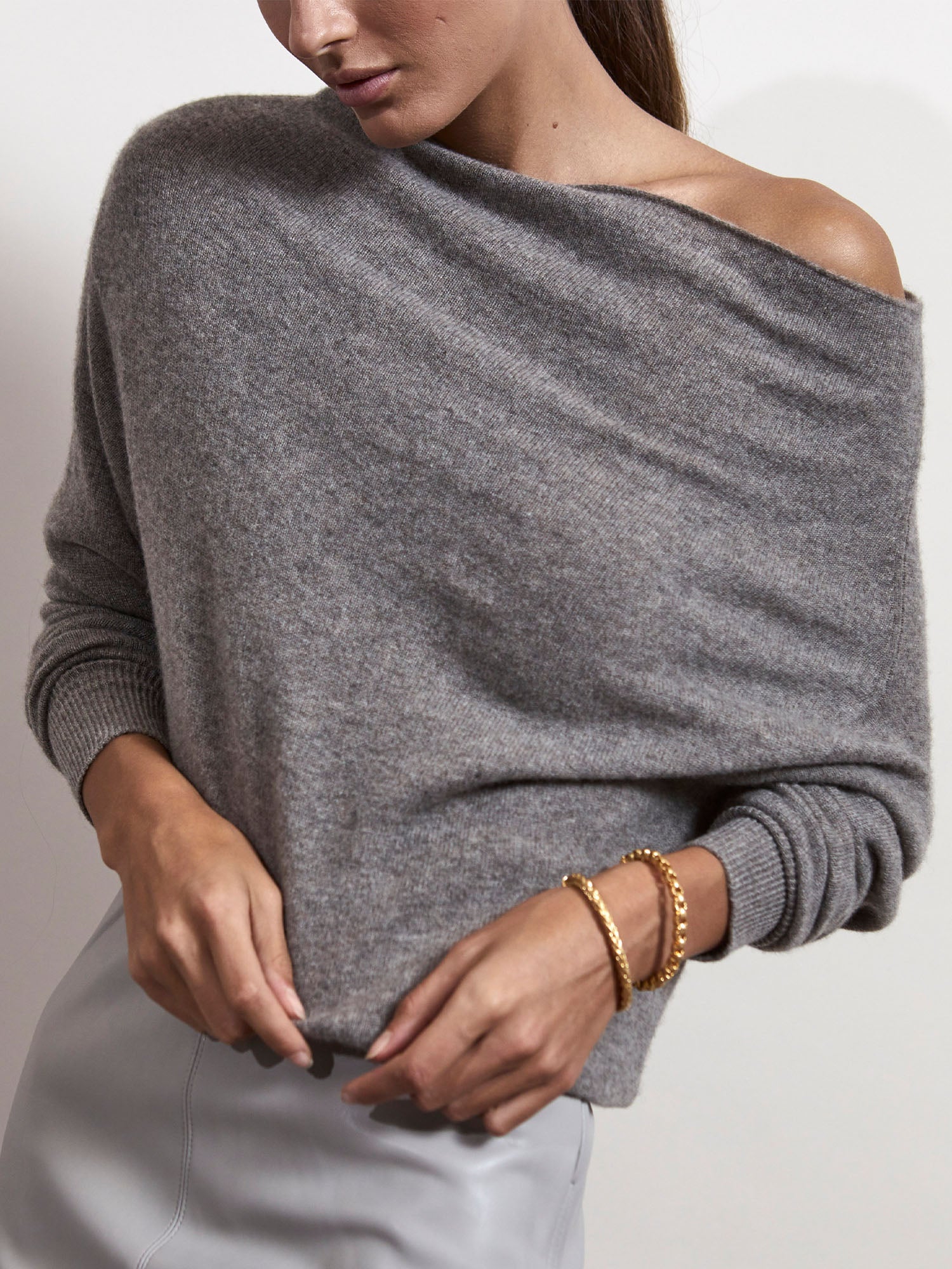 Lori cashmere off shoulder grey sweater front view