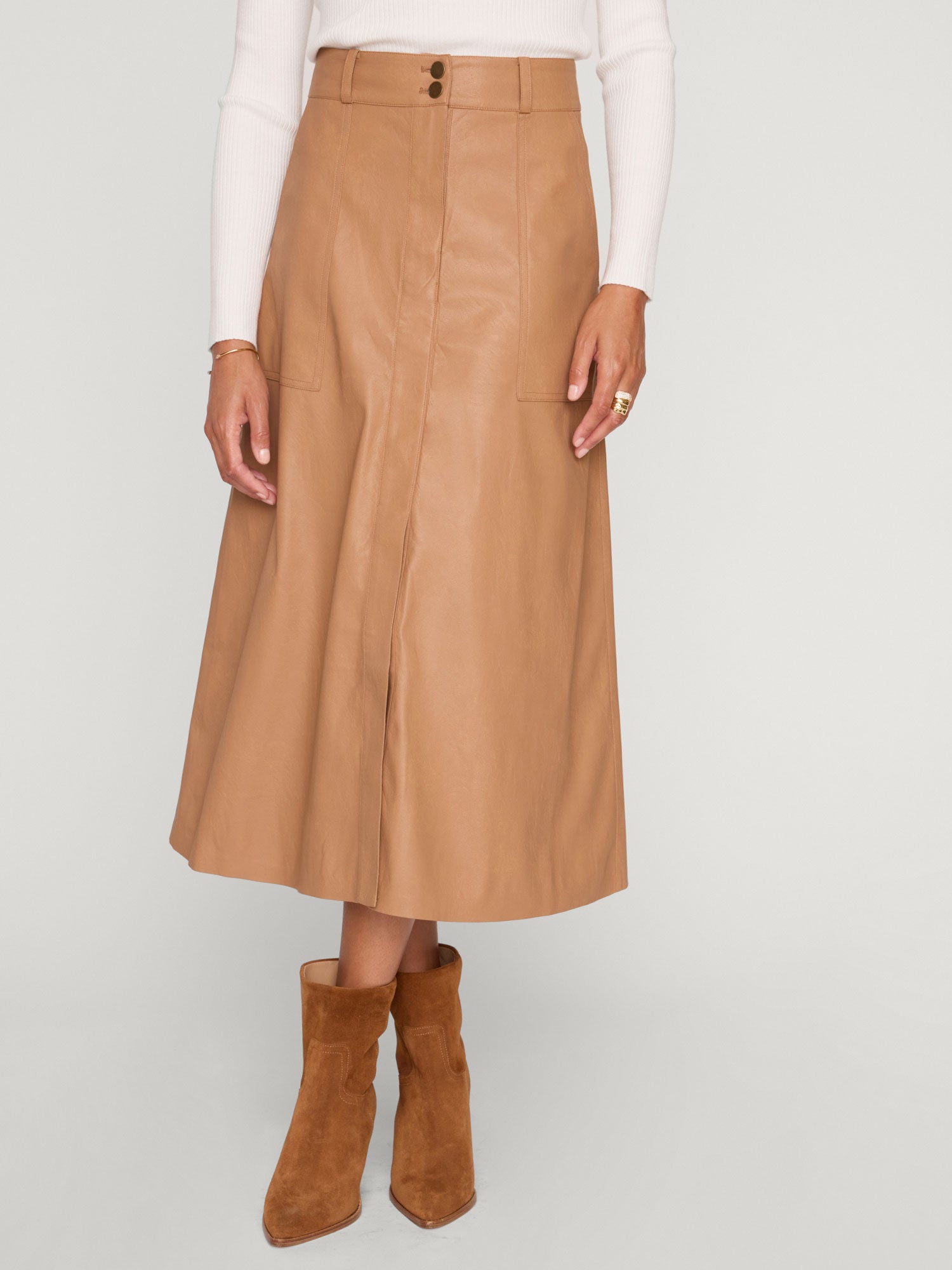 Mica vegan leather tan midi skirt front view