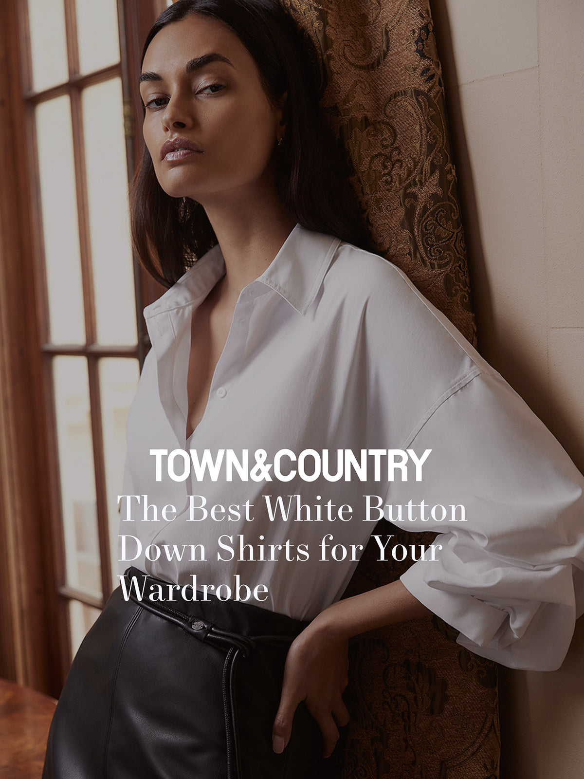 Woman wearing an oversized white button-down shirt, featured in a Town and Country press graphic