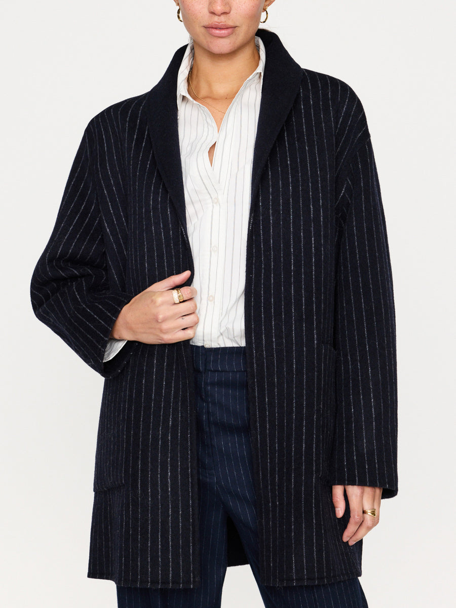 Mina wool reversible navy and navy pinstripe coat front view 5