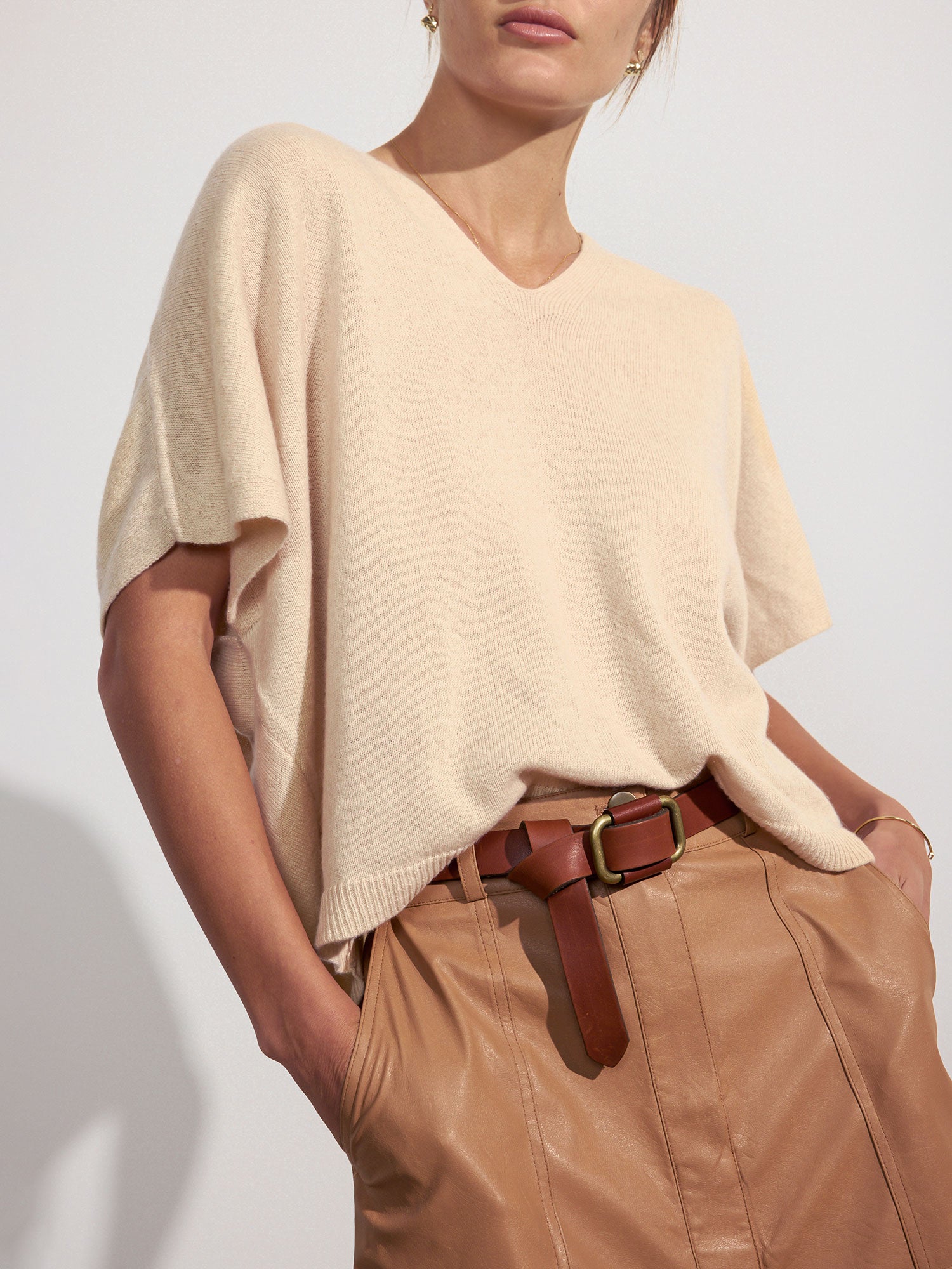 Ophi cashmere tan V-neck t-shirt top front view 2