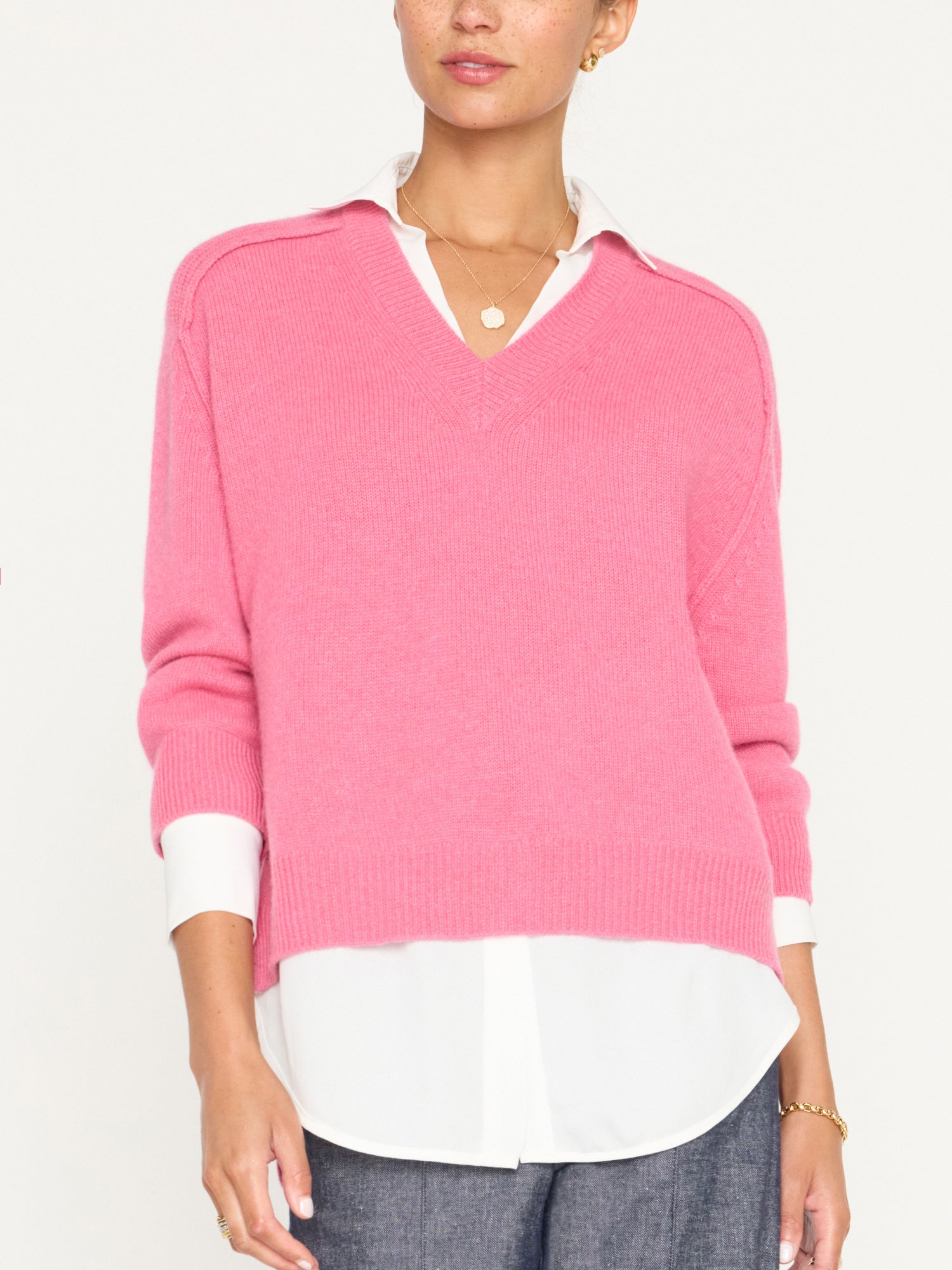 Looker hot pink layered v-neck sweater front view 2