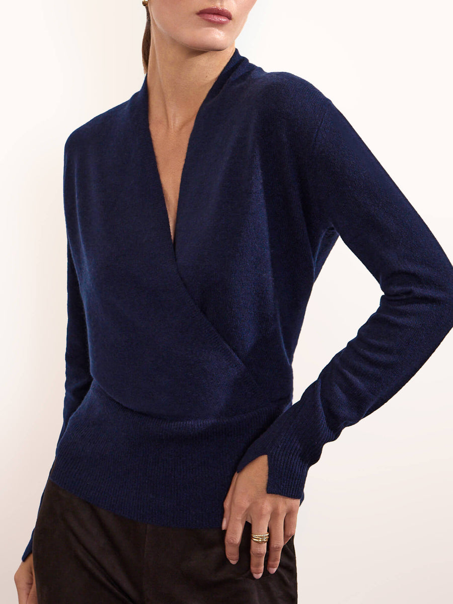 Phinneas cashmere v-neck navy wrap sweater front view 2