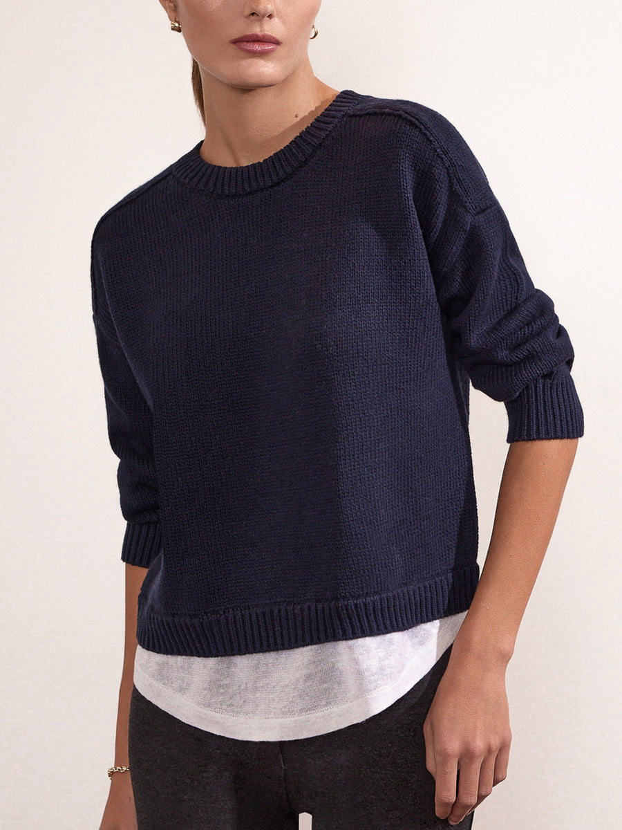 Corbin navy layered cotton linen crewneck sweater front view