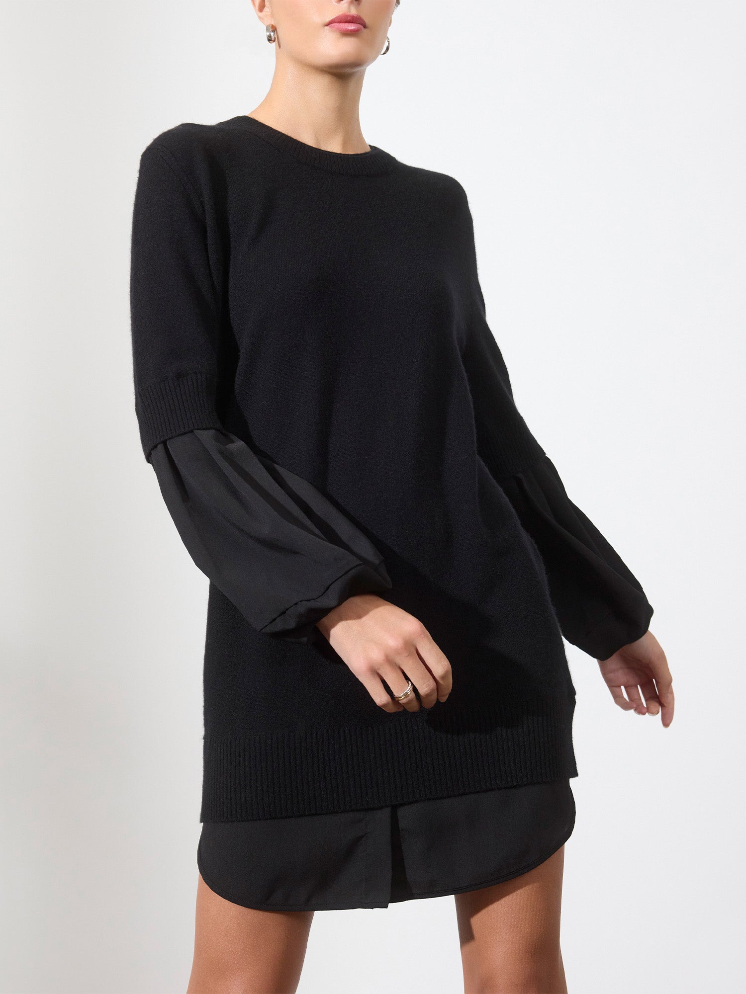 Ebella layered black mini sweater dress front view