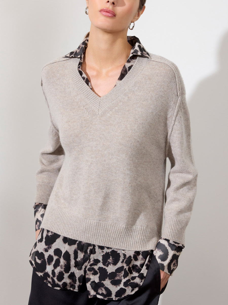 Looker light grey with animal leopard print layered v-neck sweater front view