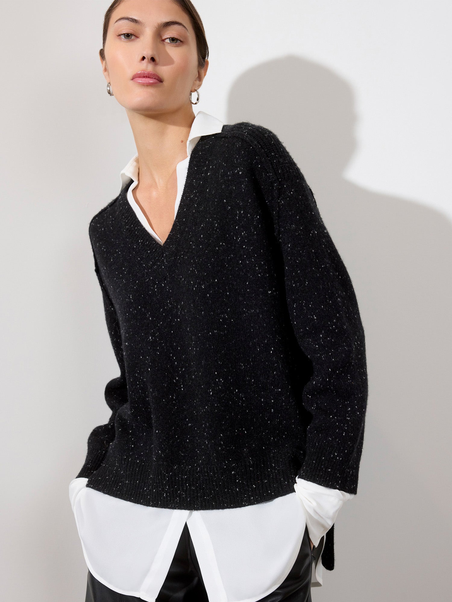 Looker black multi layered v-neck sweater front view