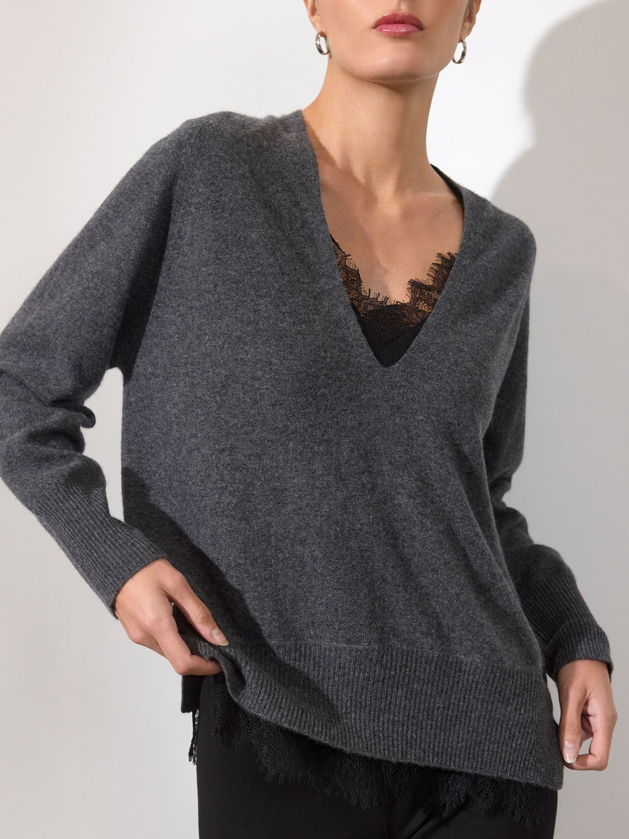 Dark grey lace layered v-neck sweater front view
