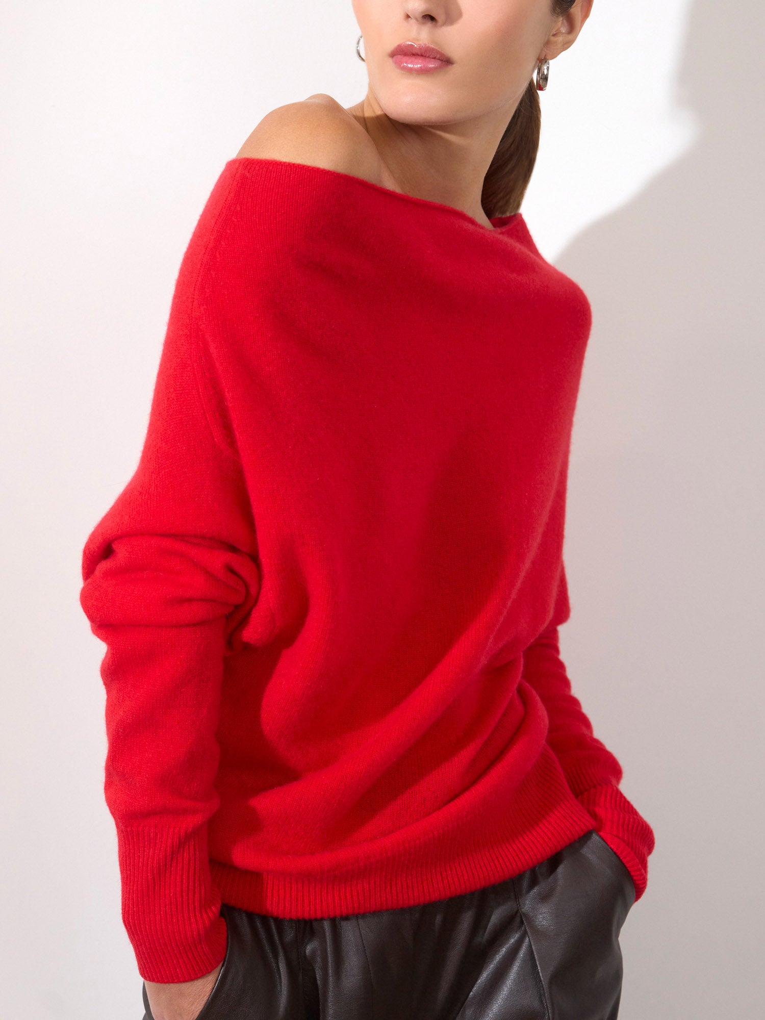 Lori cashmere off shoulder red sweater side view