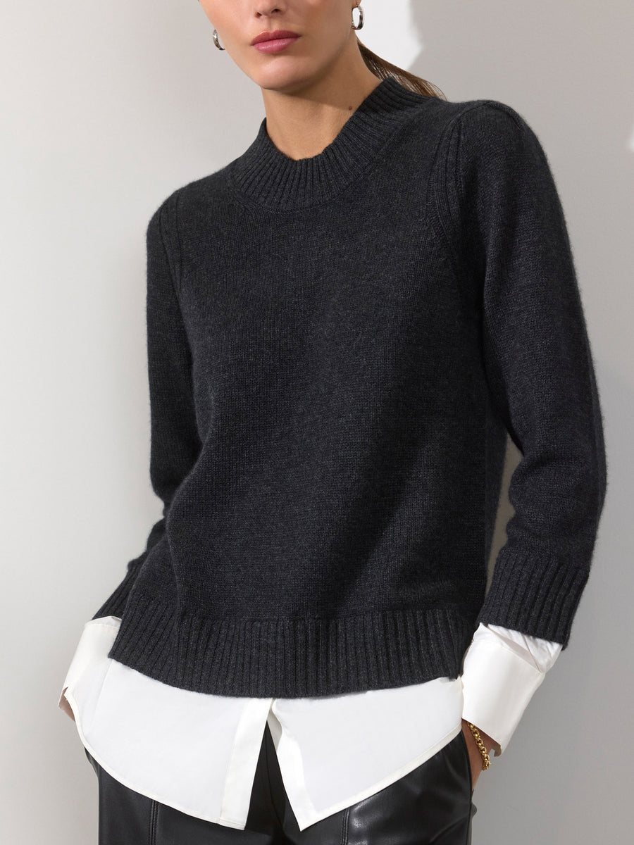 Eton dark grey layered crewneck sweater front view