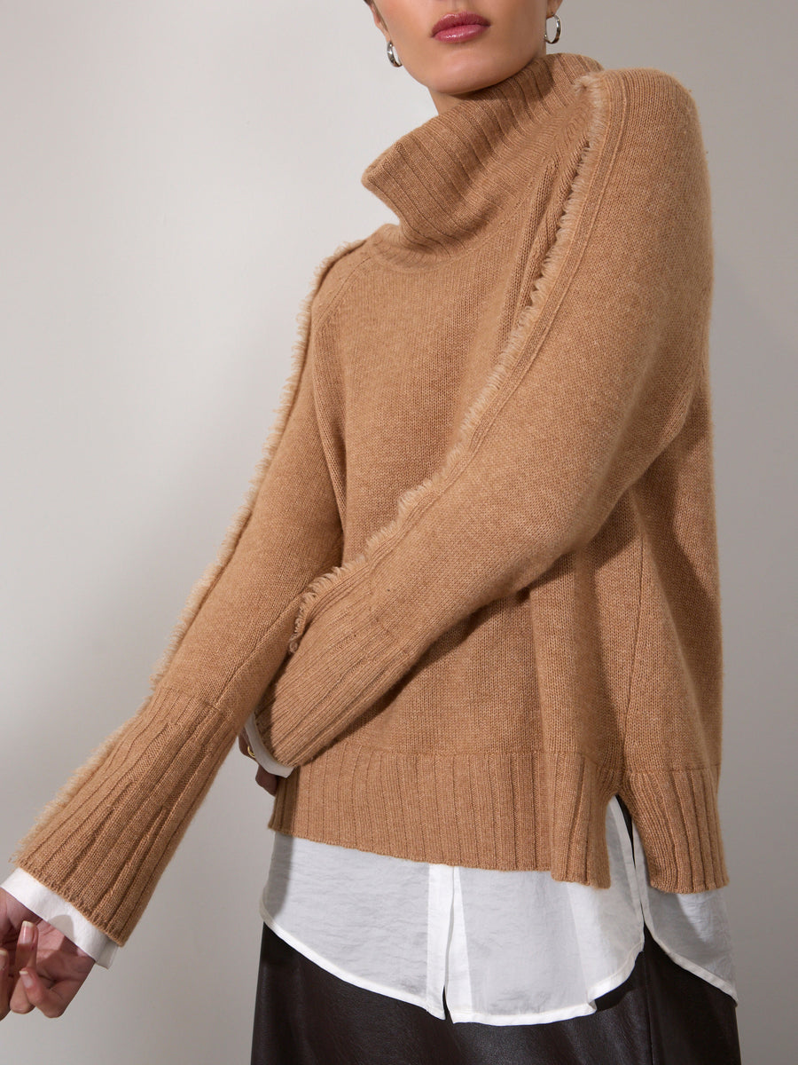 Jolie tan layered turtleneck sweater front view