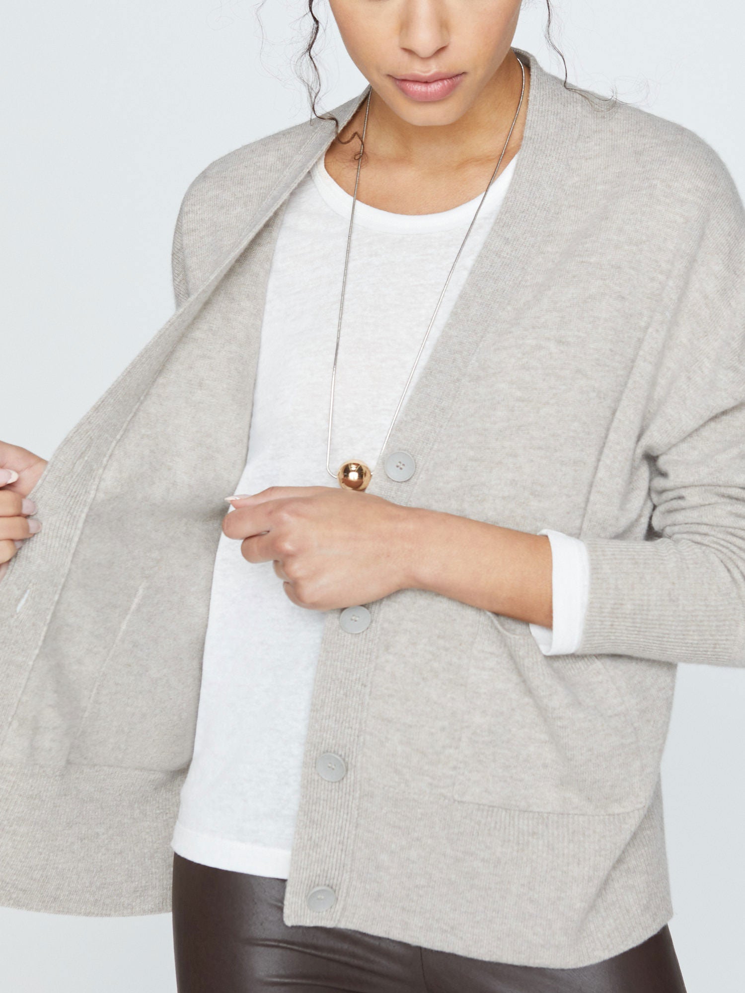 Halo light grey cashmere wool cardigan sweater front view 2