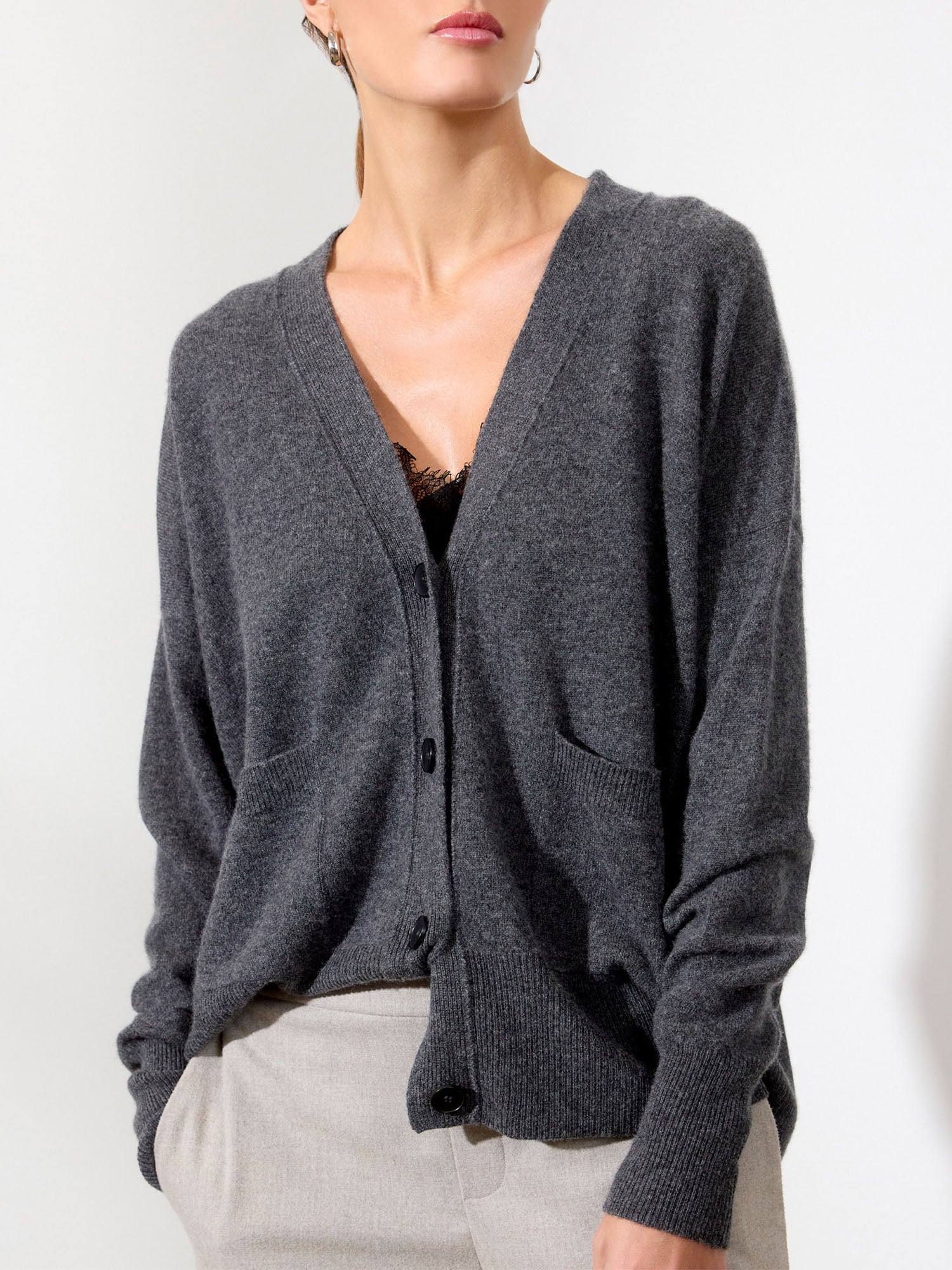 Lace dark grey layered cardigan sweater front view