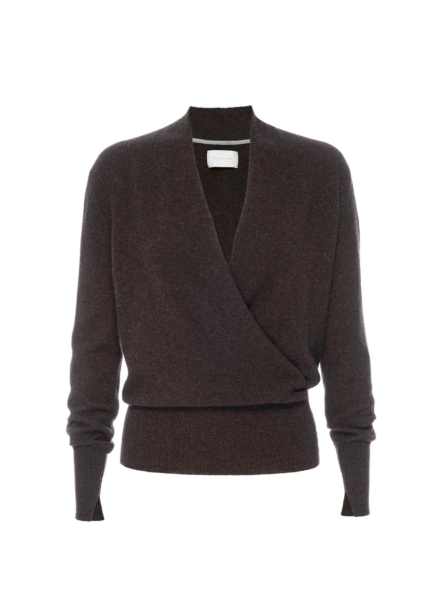 Phinneas cashmere v-neck brown wrap sweater flat view