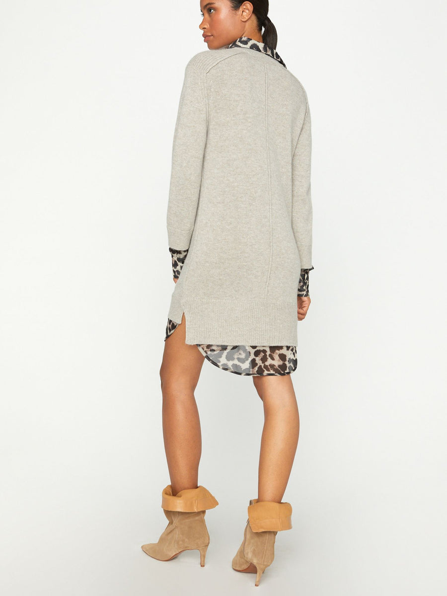 Looker layered v-neck grey and animal print mini sweater dress back view