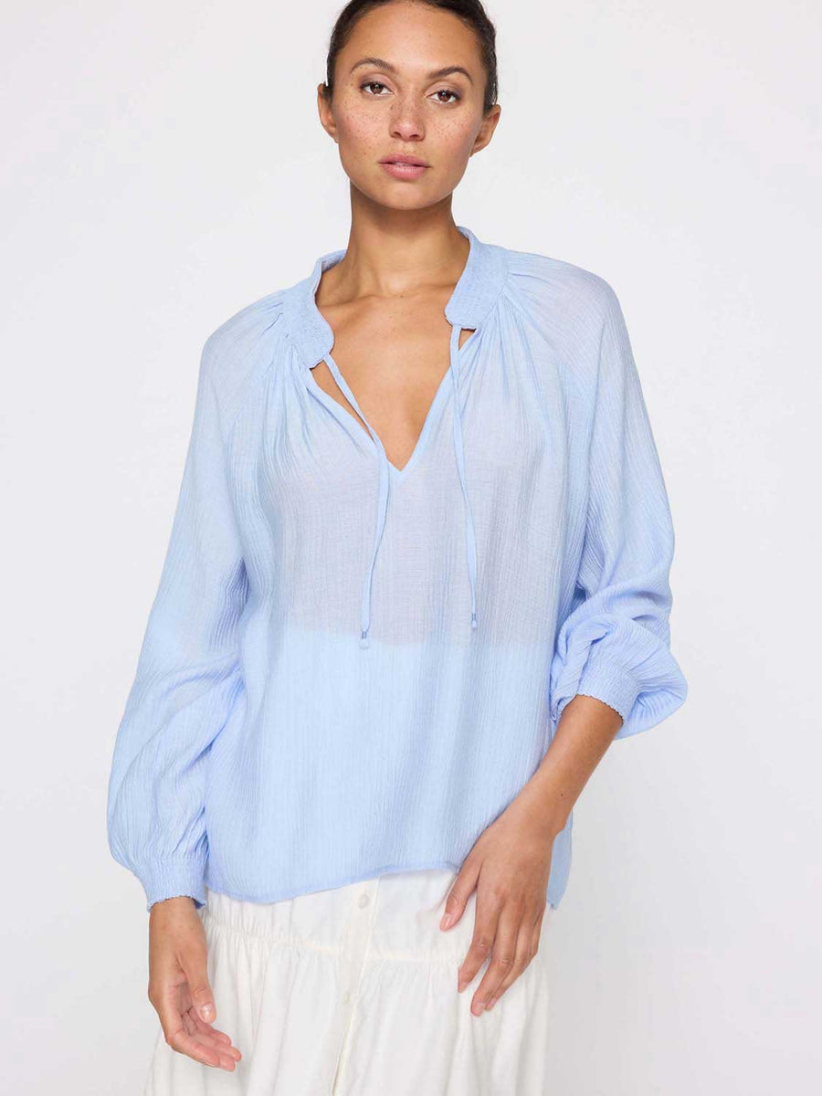 Amaia blue crepe popover blouse front view